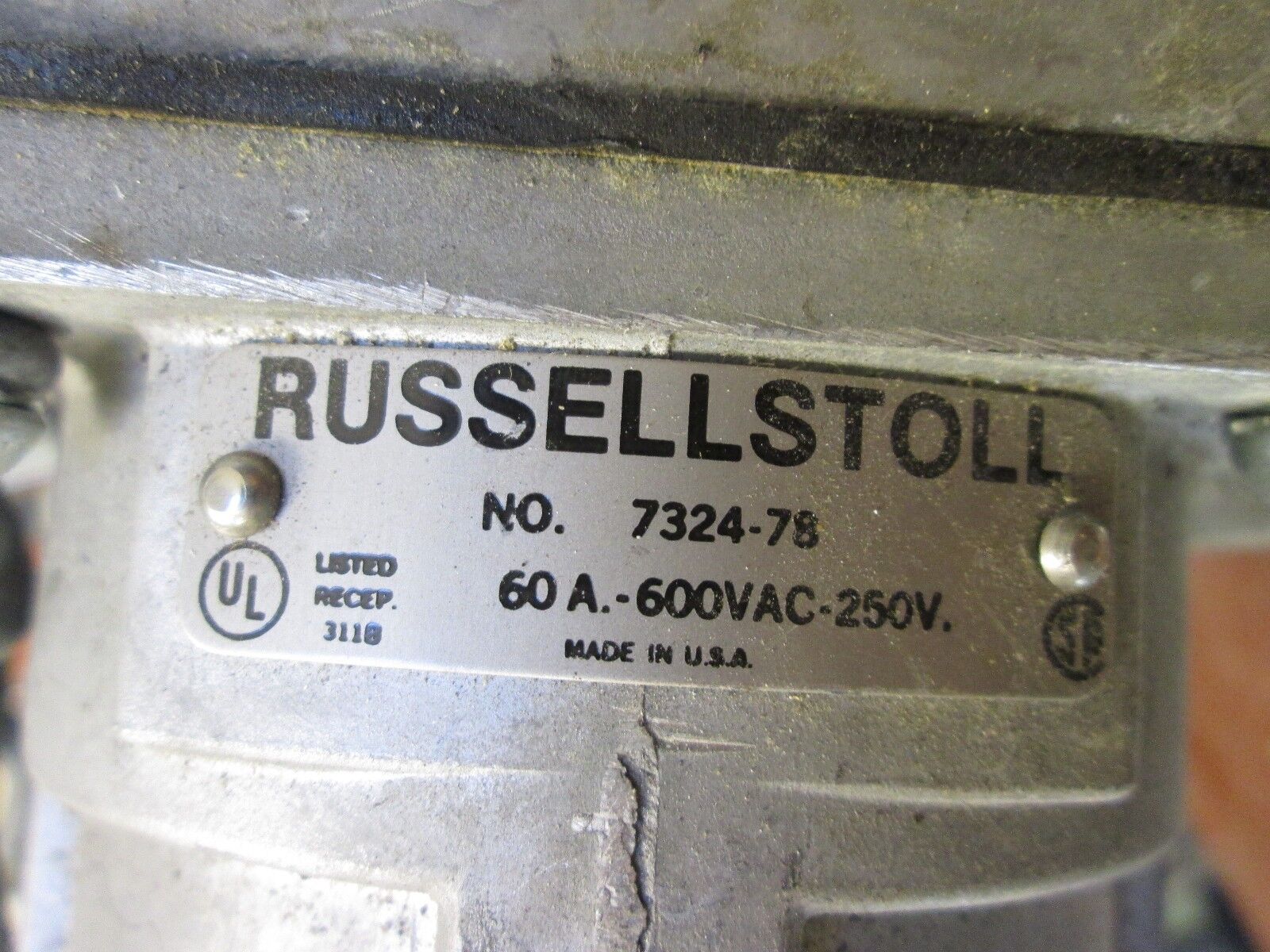 Russellstoll Receptacle w/ Base 7324-78 60A 600V 3P 4W Used