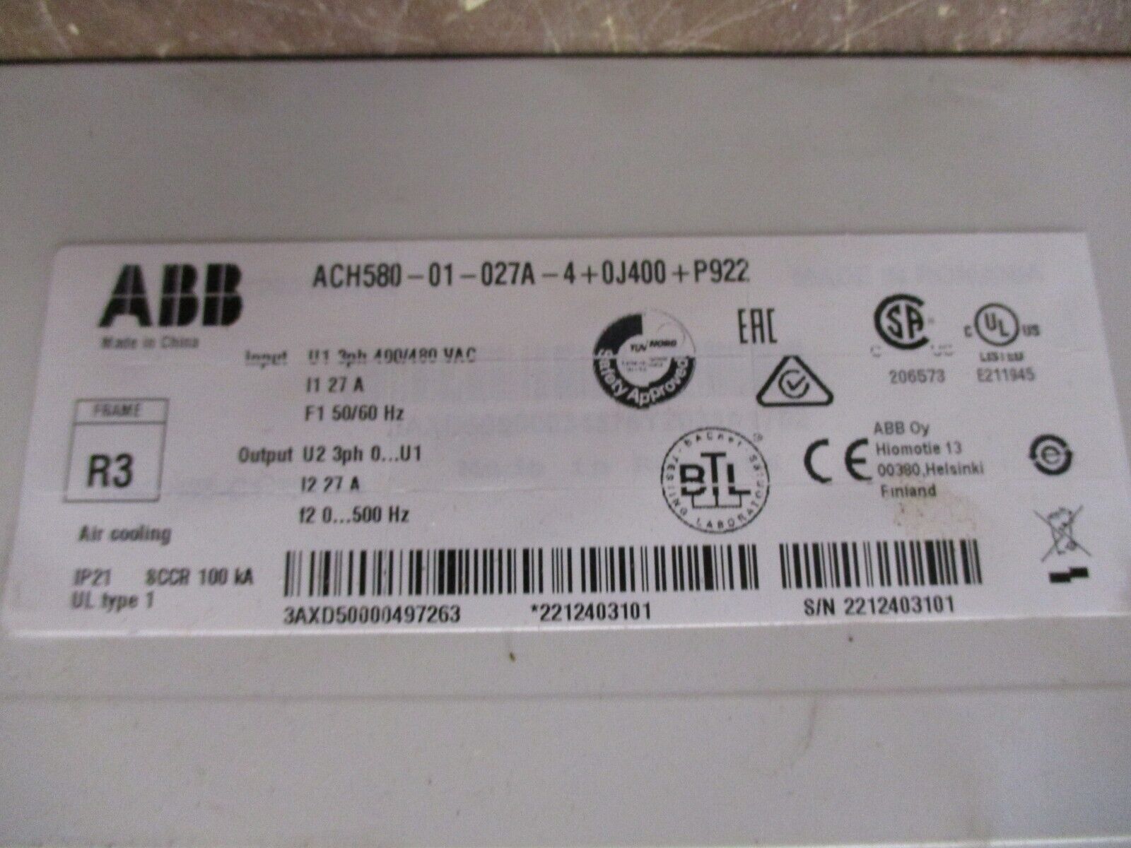 ABB ACH580 AC Drive ACH580-01-027A-4+0J400+P922 20HP 3Ph w/ Keypad Used