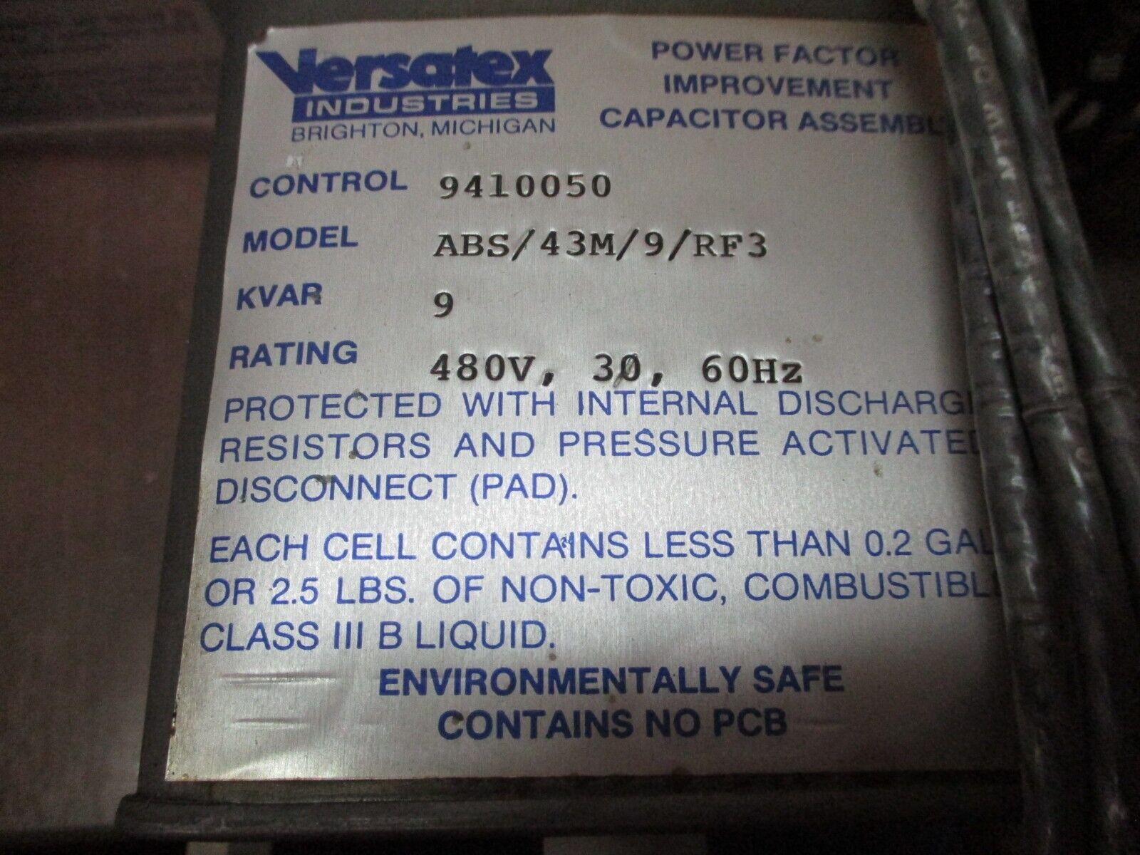 Versatex Capacitor Assembly ABS/43M/9/RF3 9 kVAR 480V 3Ph 60Hz Used