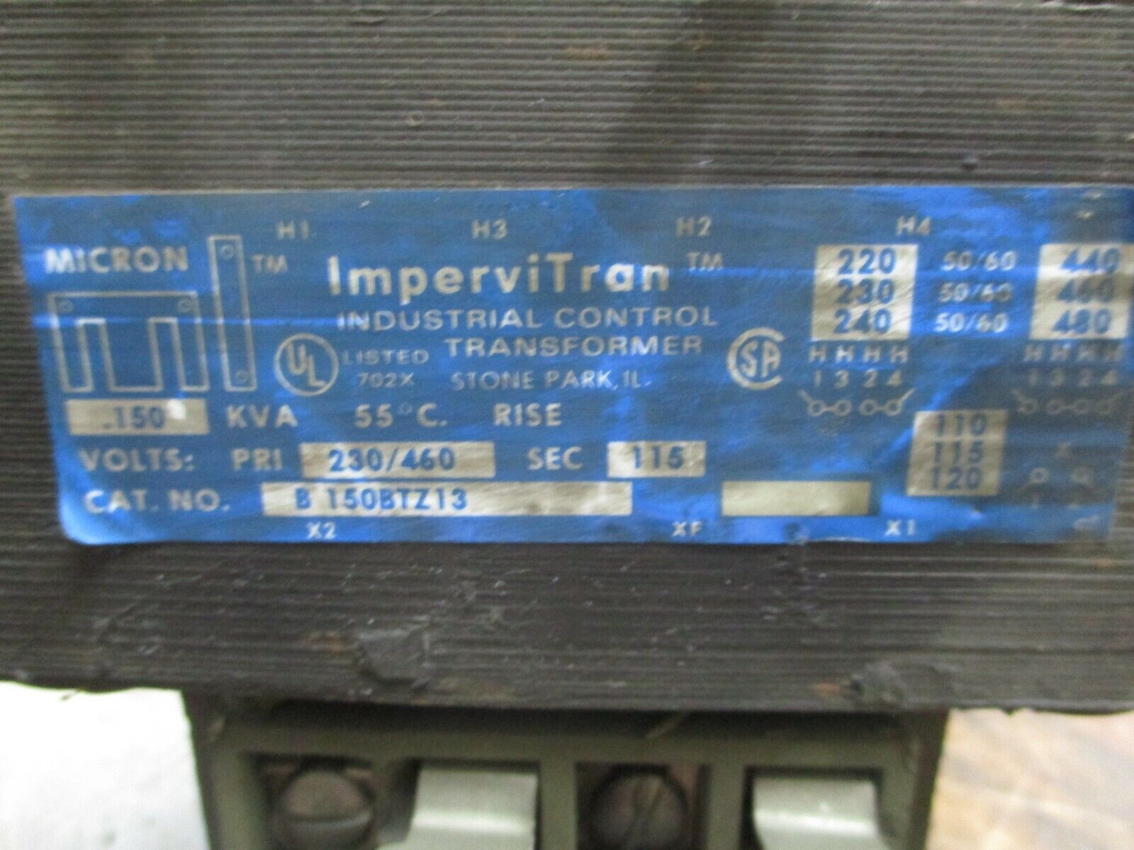 Micron Impervitran Control Transformer B150BTZ13 0.150KVA Pri:230/460V Sec:115V