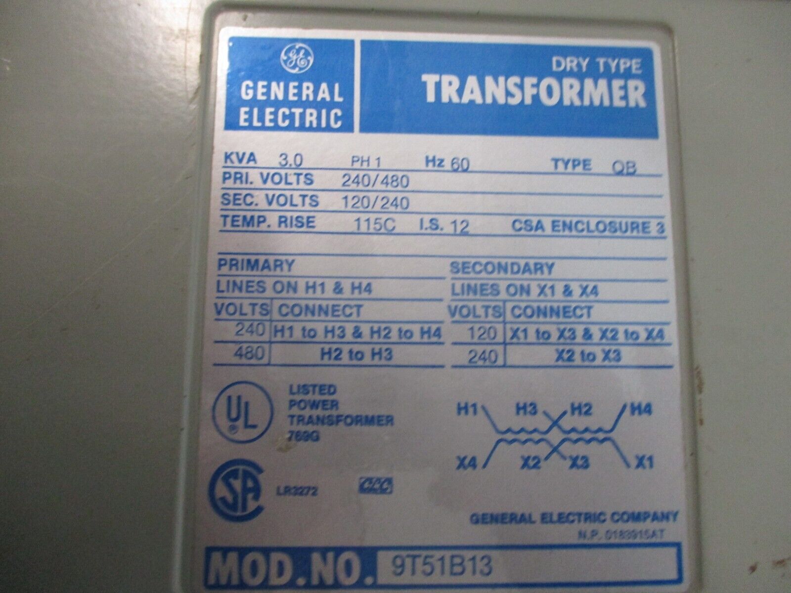 GE Transformer 9T51B13 3KVA Pri:240/480V Sec:120/240V 1Ph 60Hz Used