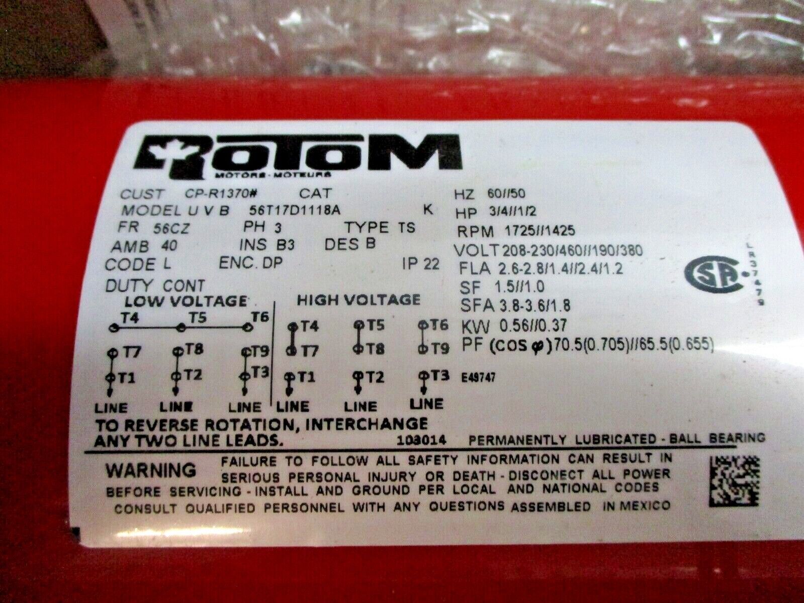 Rotom Motor CP-R1370 3/4HP 3Ph 1800RPM 208-230/460V 2.6-2.8/1.4A 60Hz