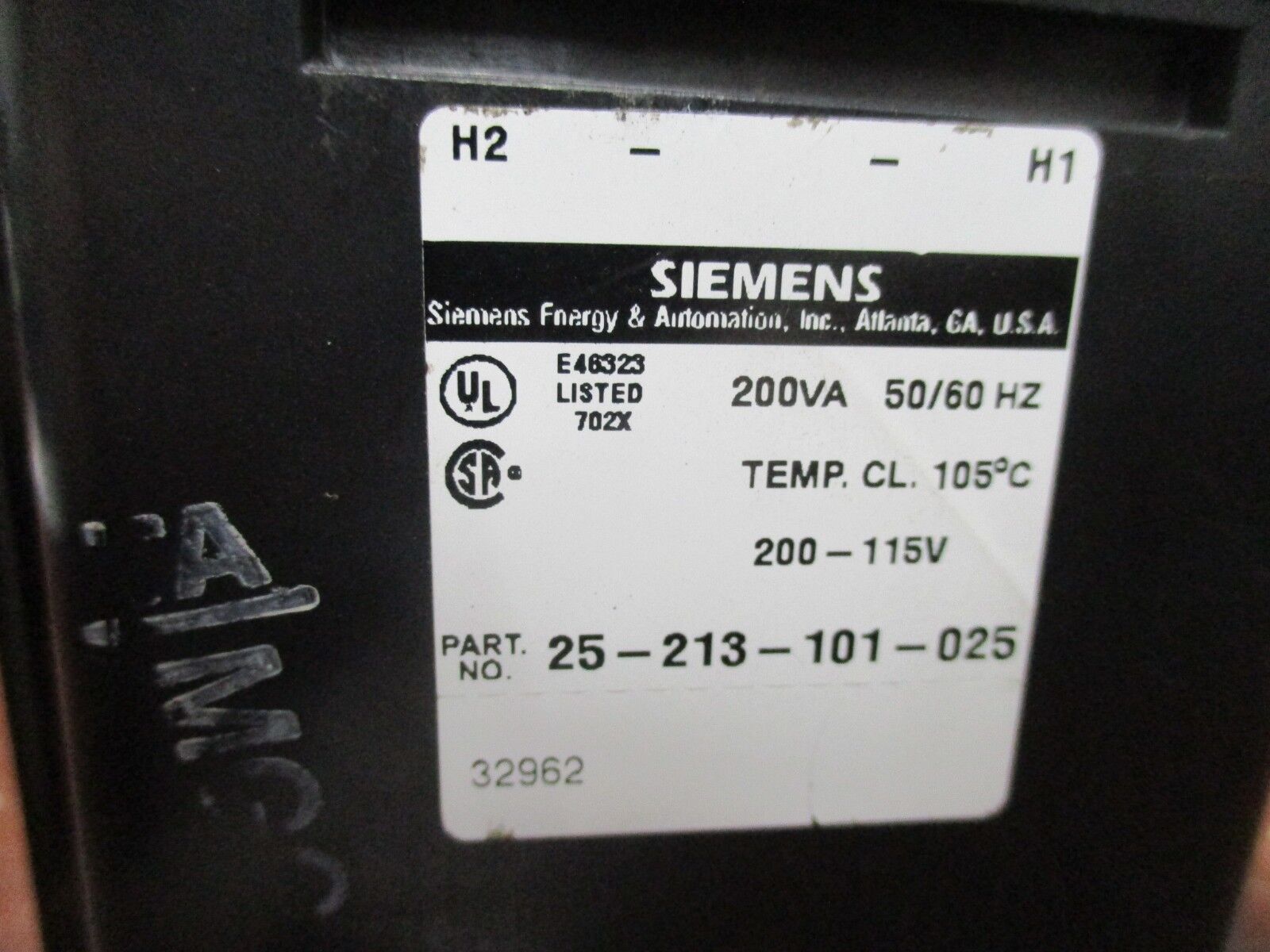 Siemens Transformer 25-213-101-025 200VA Pri: 200V Sec: 115V 50/60Hz Used