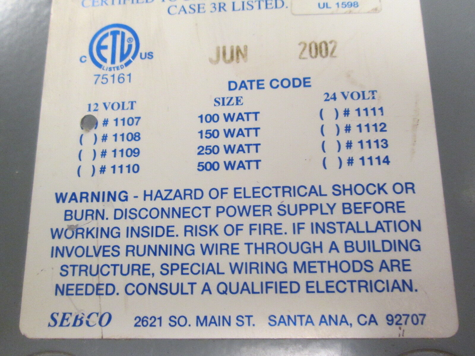 Sebco Low Voltage Lighting Transformer 1107 Pri:120V 50/60Hz Sec:12V 100W Used