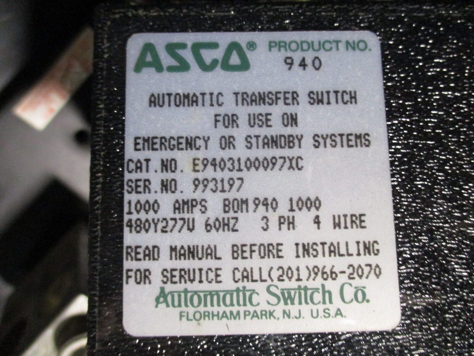 Asco 940 Series Automatic Transfer Switch E9403100097XC 1000A 480Y/277V 60Hz 3Ph