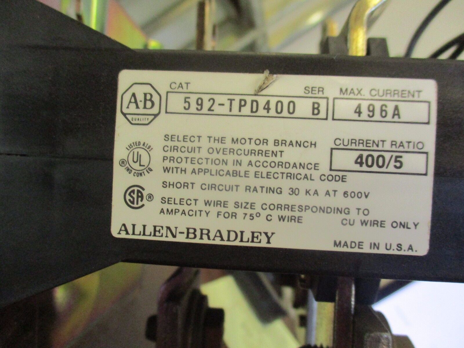 Allen-Bradley Current-Transformer w/Overload 592-TPD400 496A Ratio 400/5 Used