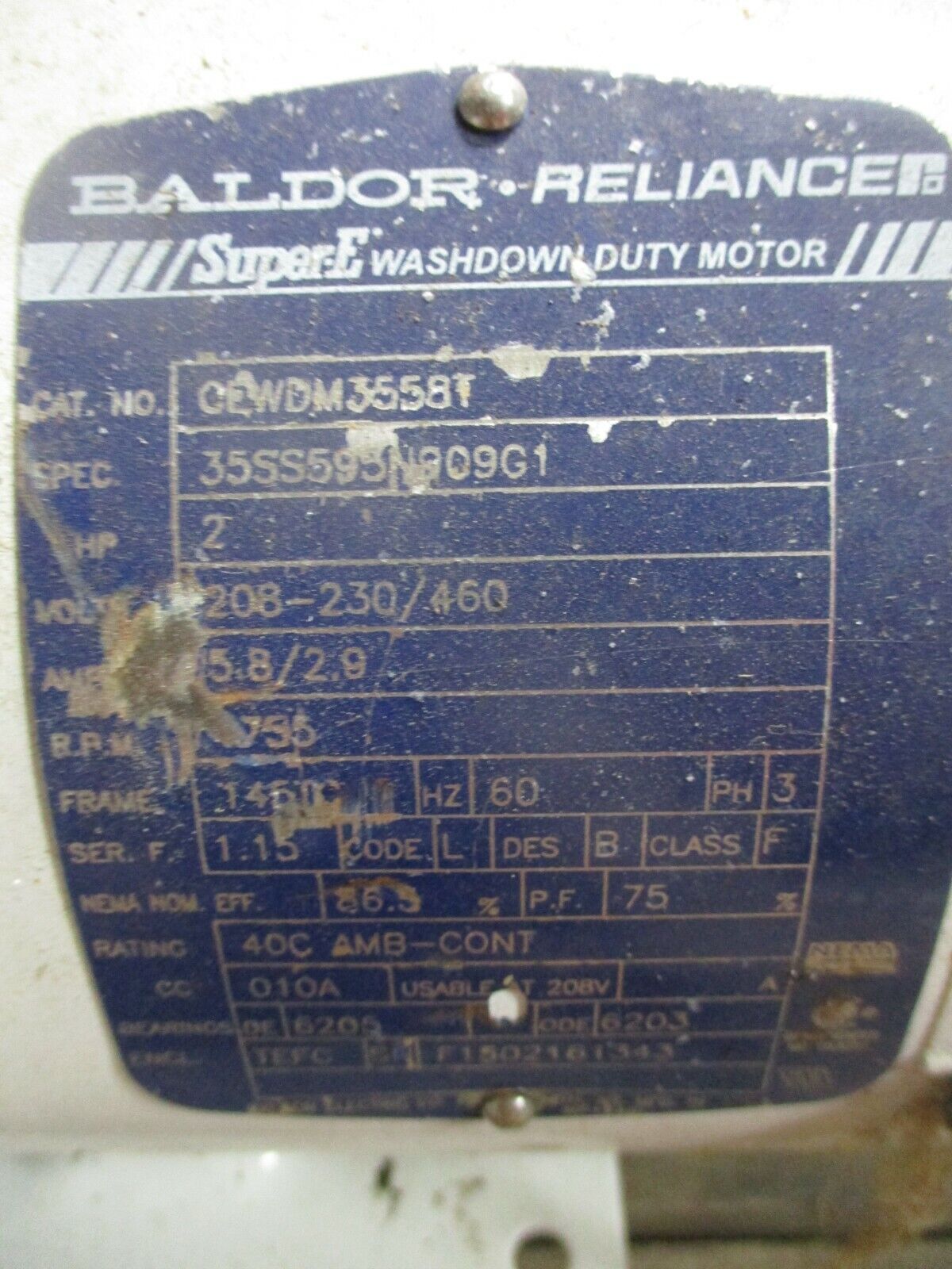 Baldor/Reliance Gearmotor CEWDW3558T/BB483CN140TC 2HP Ratio 60.08:1 Used