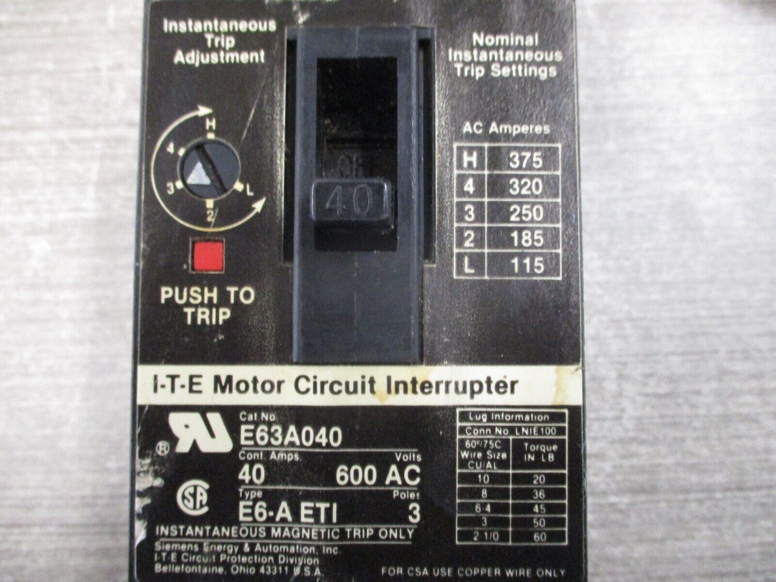 ITE Circuit Breaker E63A040 40A 600V 3P Used