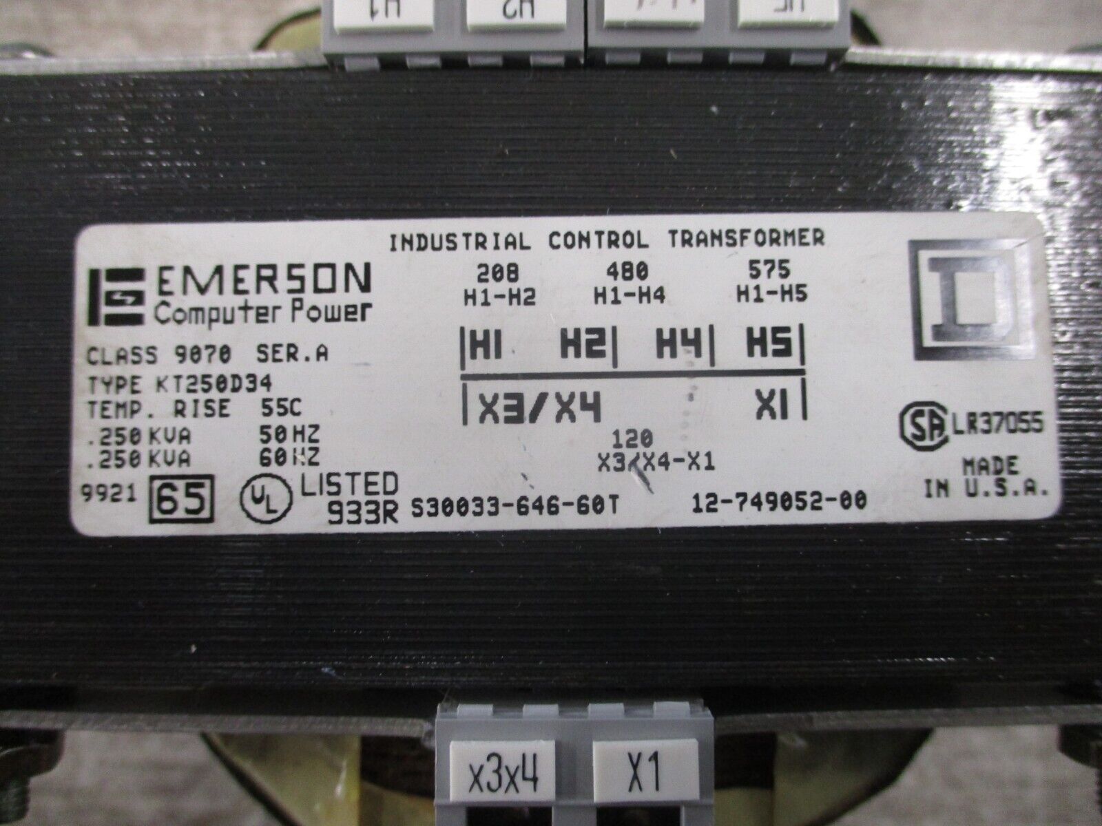 Emerson Control Transformer 9070 KT250D34 Ser. A 0.250kVA Pri: 208/480/575V