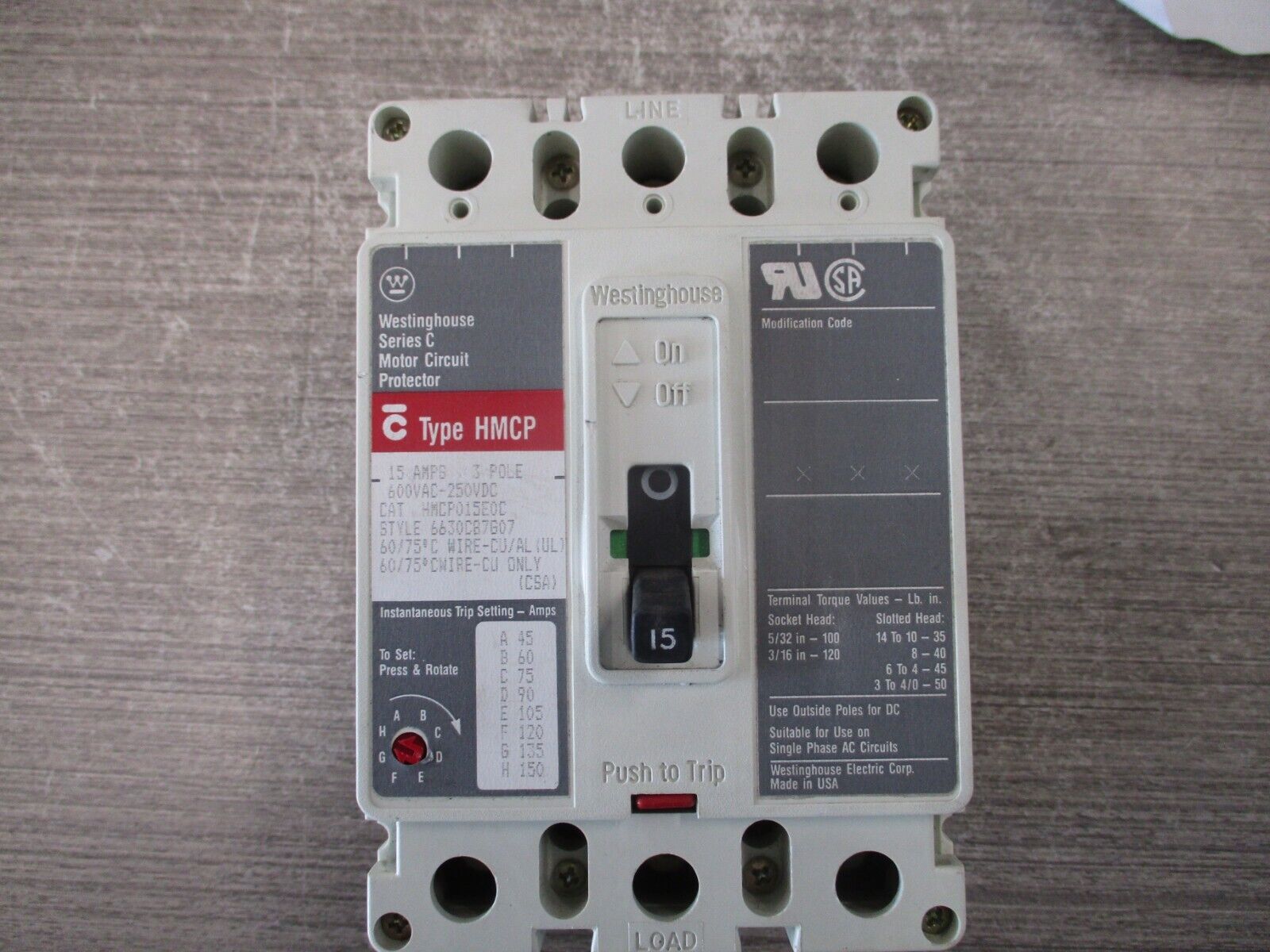 Westinghouse Circuit Breaker HMCP015E0C 15A 600V 3P Used