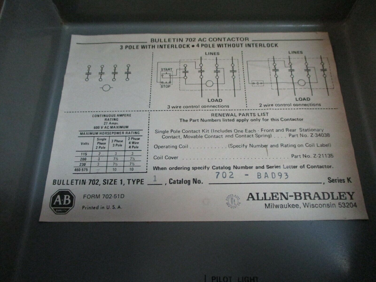 Allen-Bradley Enclosed Size 1 Contactor 702-BAD93 Ser. K 120V Coil 27A 600V Used