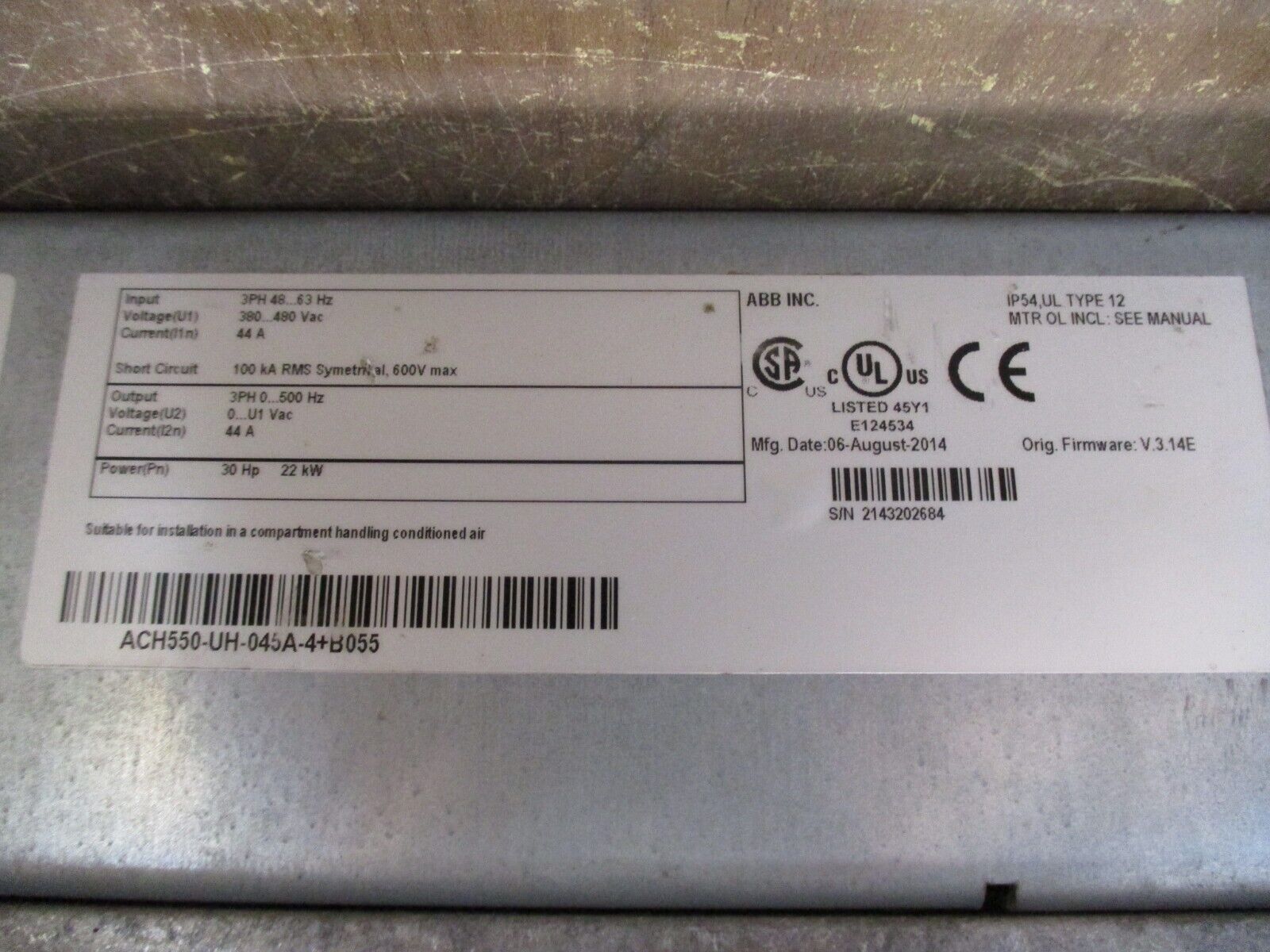 ABB ACH550 AC Drive ACH550-UH-045A-4+B055 30HP 3Ph Type 12 Enclosure w/ Keypad