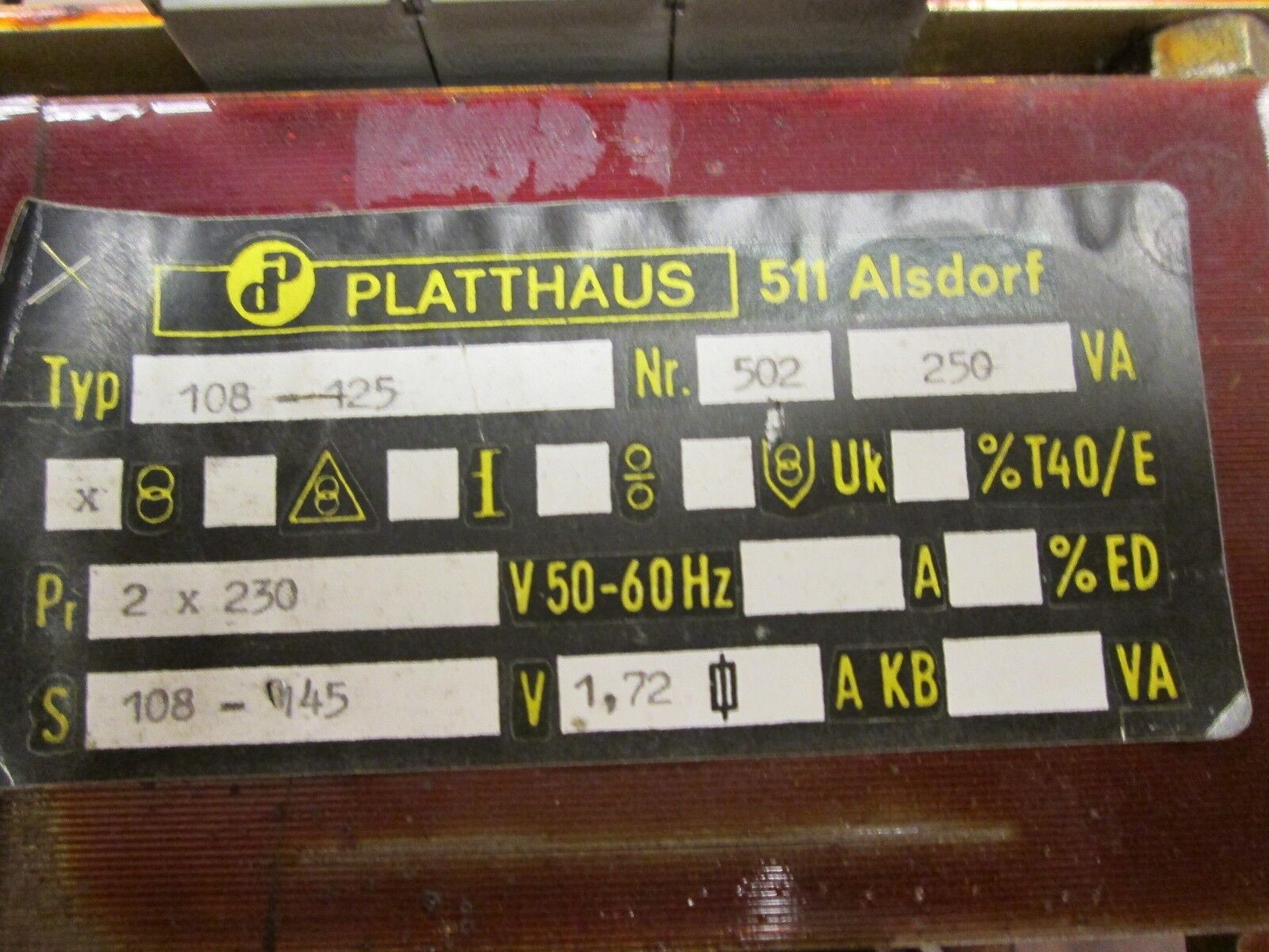 Platthaus 511 Alsdorf Control Transformer 108-125 0.250 KVA Pri 2x230V Used