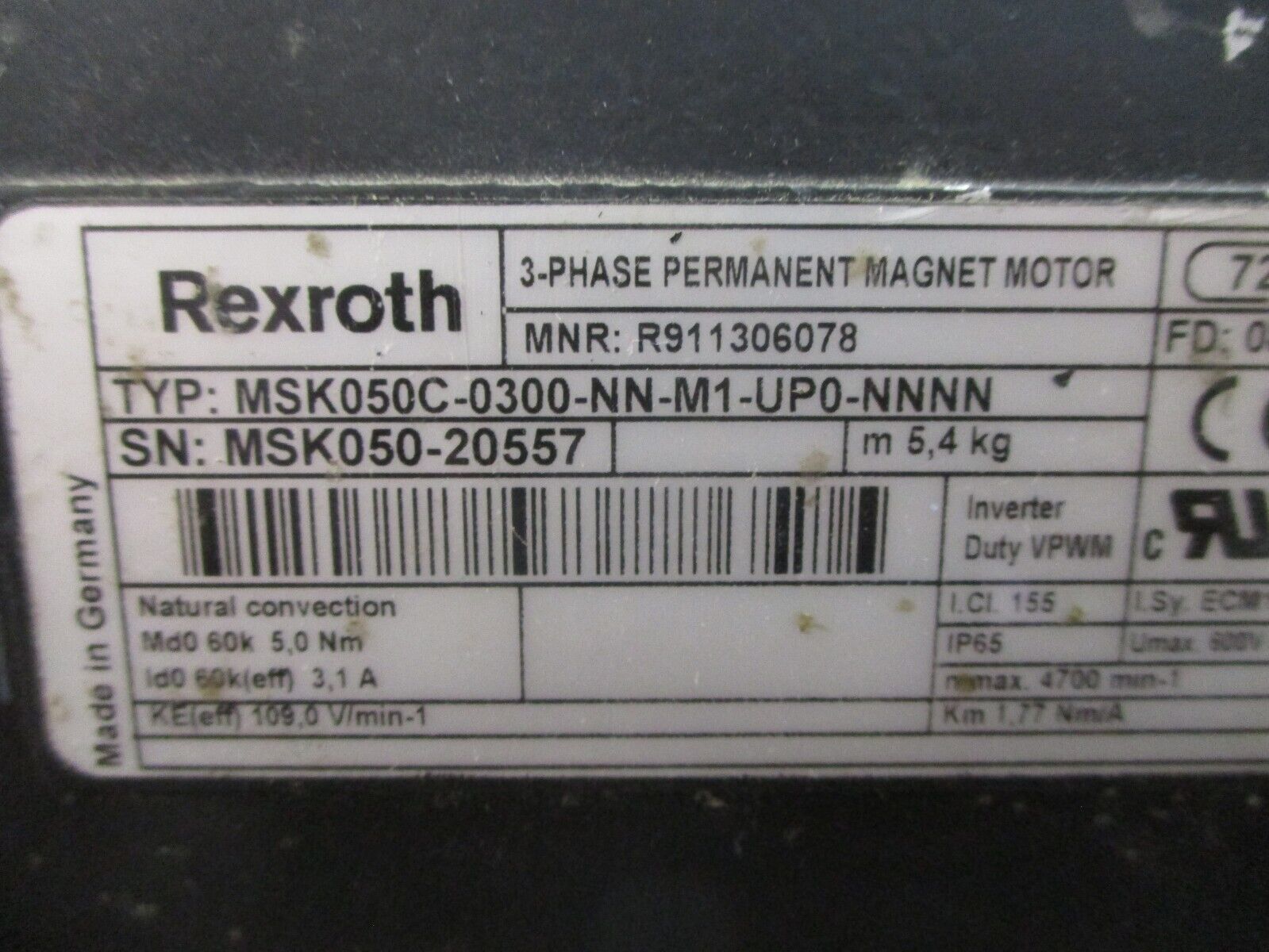 Rexroth Servo Motor MSK050C-0300-NN-M1-UP0-NNNN 3.1A 600V 1.77 Nm/A Used