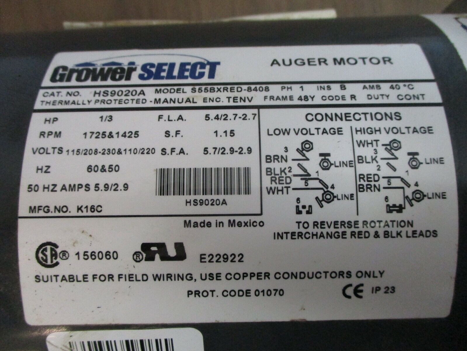 Grower Select Auger Motor HS9020A 1/3HP 115/208-230 & 110/220V 60 & 50Hz 1Ph