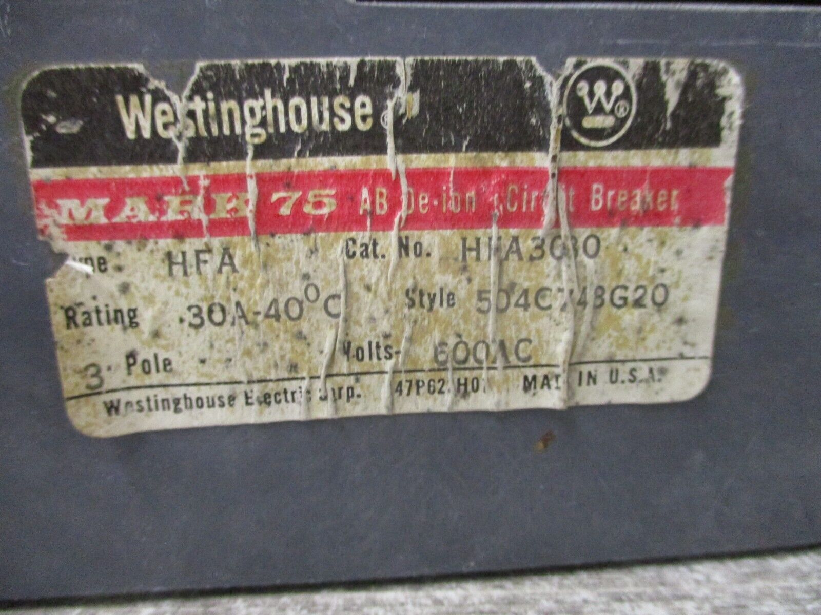 Westinghouse AB De-ion Circuit Breaker HFA3030 30A 600V 3P Used