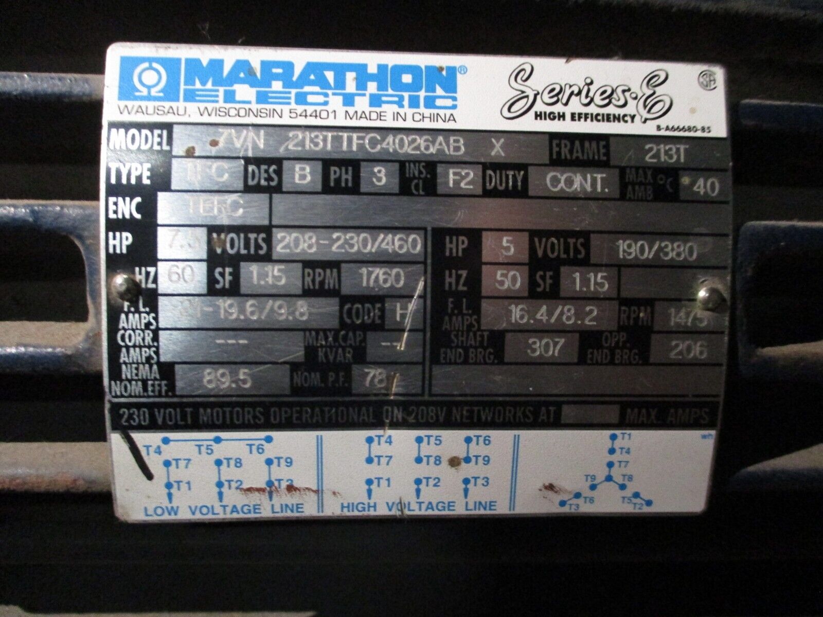 Marathon Motor 7VN 213TTFC4026AB X 7.5HP 1800RPM 208-230/460V 21-19.6/9.8A 60Hz