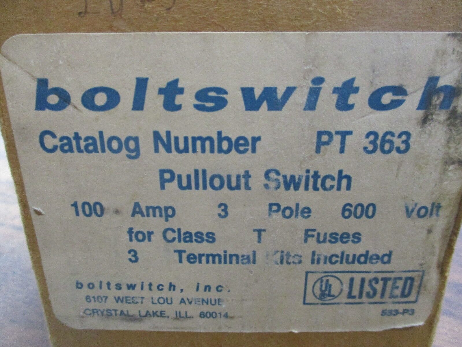 Boltswitch Fuse Pullout Switch PT363 100A 600V 3P New Surplus