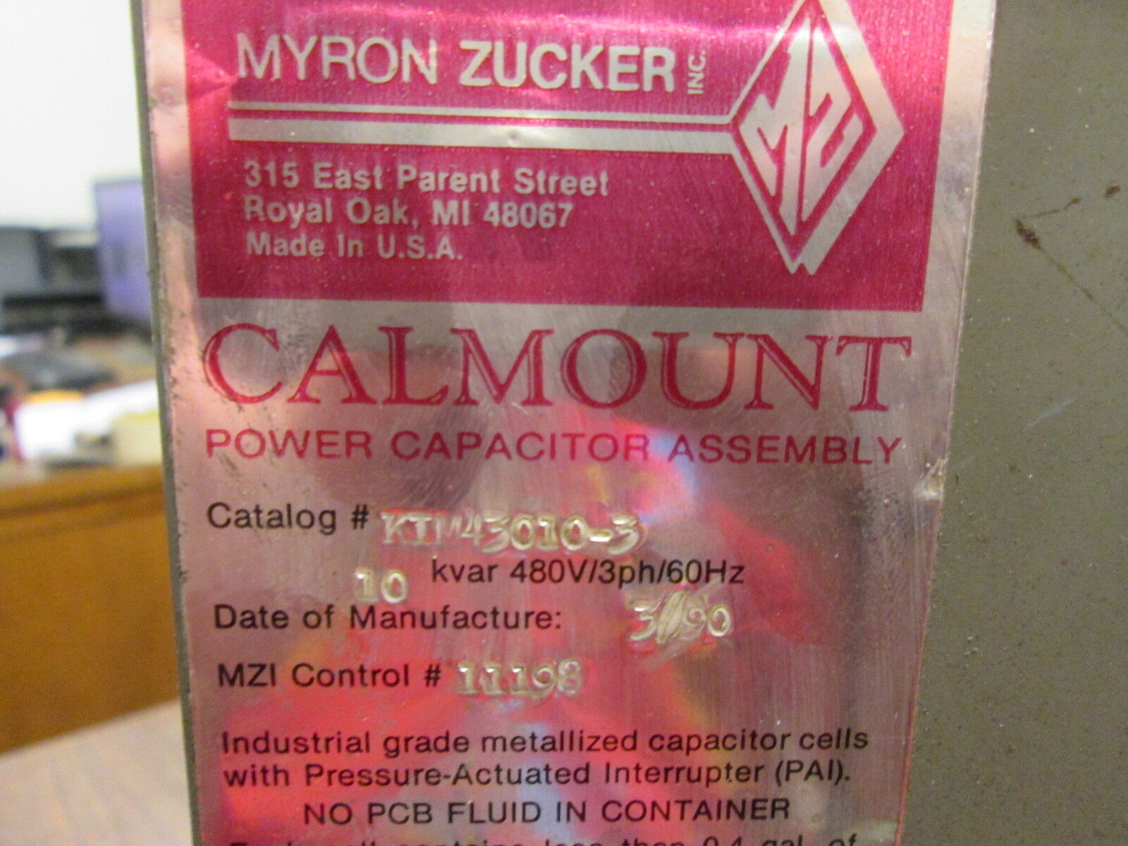 Myron Zucker Calmount Power Capacitor Assembly KIM43010-3 10KVAR 480V 3Ph 60Hz