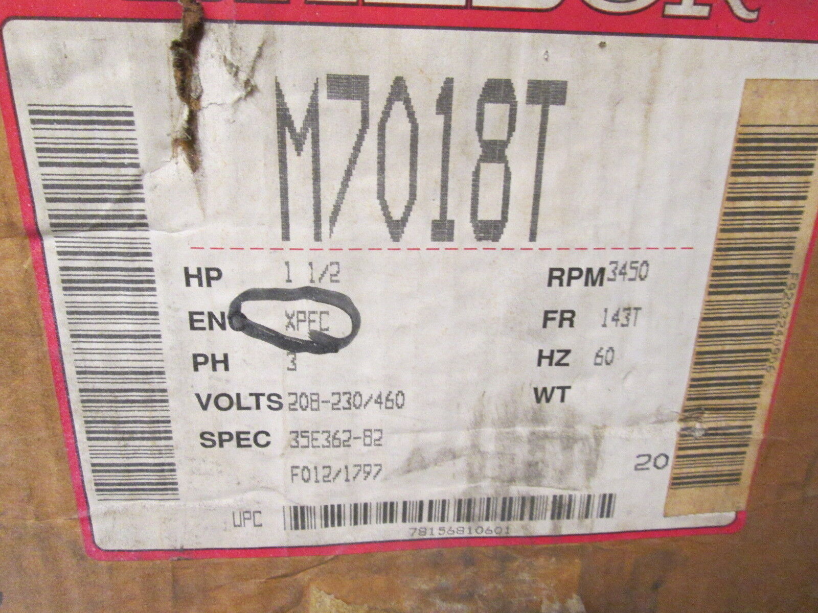 Baldor Industrial AC Motor M7018T 1½HP 3450RPM FR: 143T ENCL: XPFC New Surplus