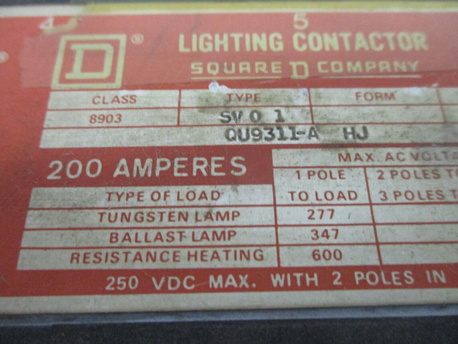 Square D Lighting Contactor 8903 SV 0 1 Ser. A 120V Coil *Missing (1) Lug Nut*