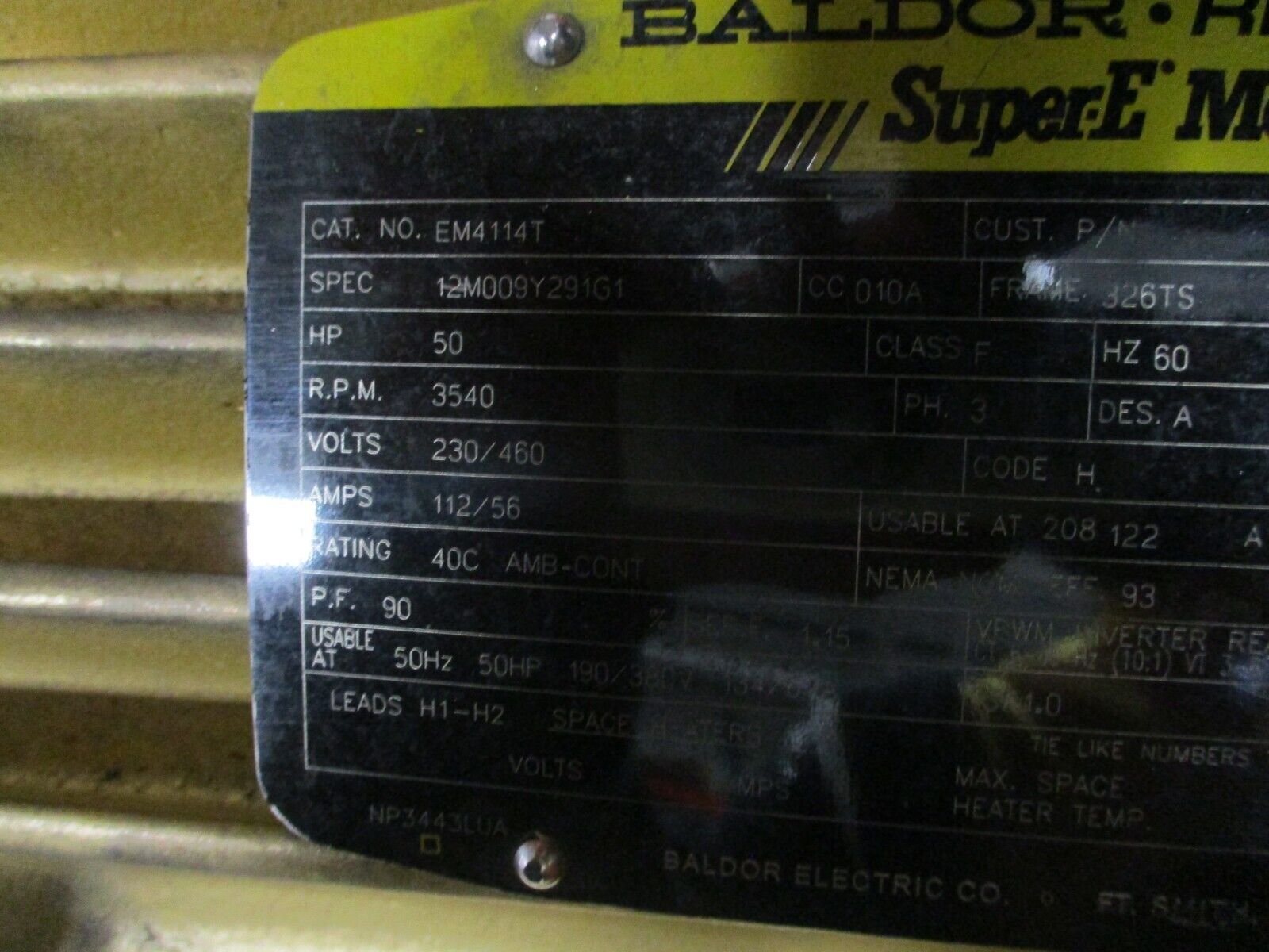 Baldor Super-E AC Motor EM4114T 50HP 3600RPM 230/460V 3Ph 60Hz TEFC New Surplus