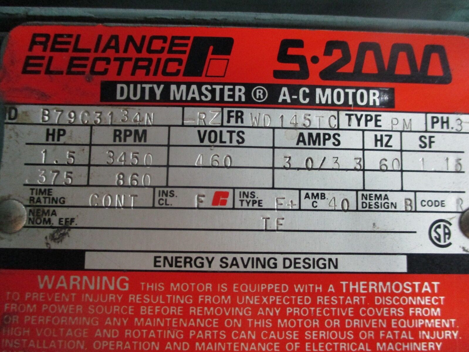 Reliance Duty Master AC Motor w/ Brake B79C3134N-RZ 1.5HP 3500RPM FR:WD145TC