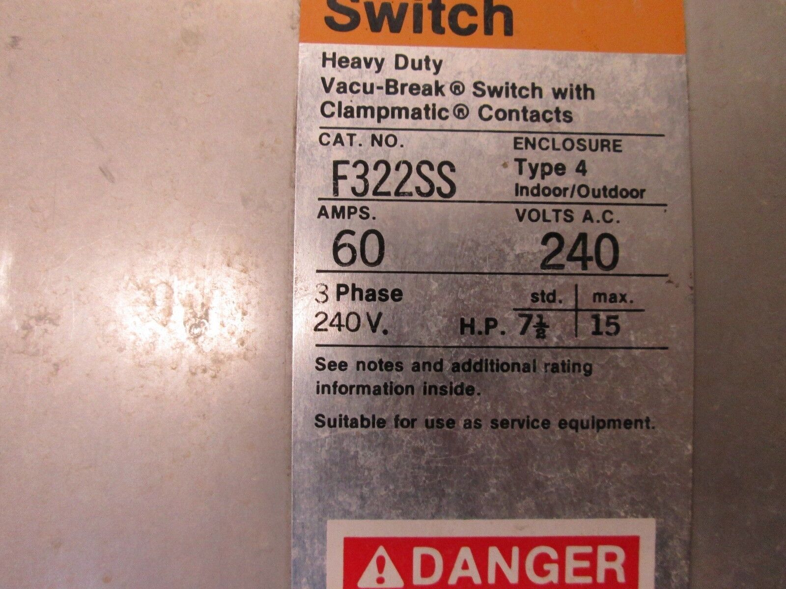 Siemens/ITE Stainless Steel Fusible Safety Switch F322SS 60A 240VAC 3P Used