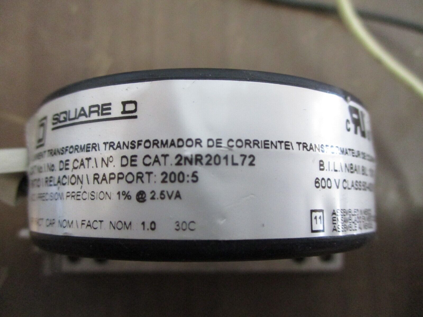 Square D Current Transformer 2NR201L72 Ratio 200:5A 600V 50-400Hz Used