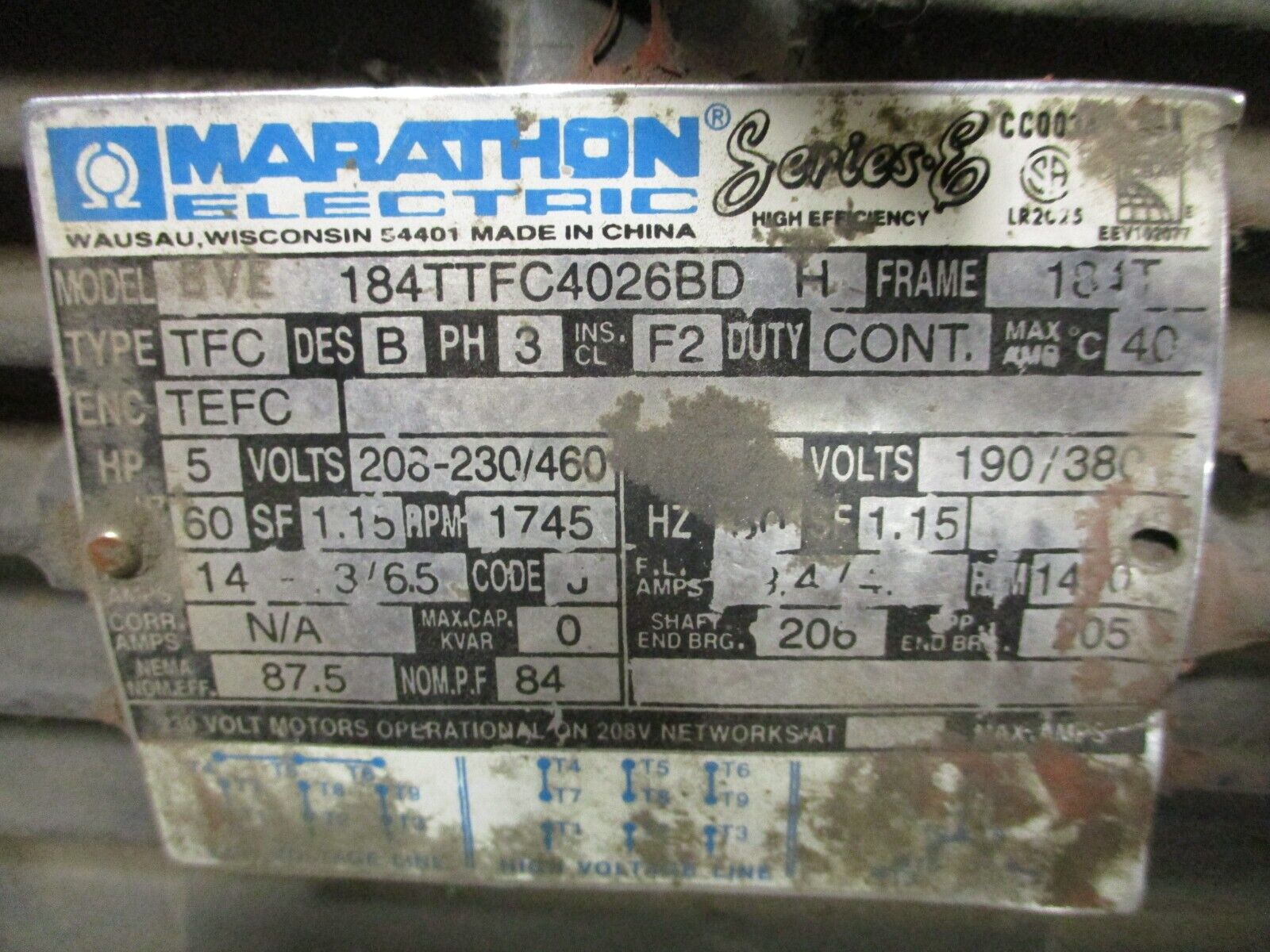 Marathon Motor 184TTFC4026BD 5HP 1800RPM 208-230/460V 14-13/6.5A 3Ph 60Hz Used