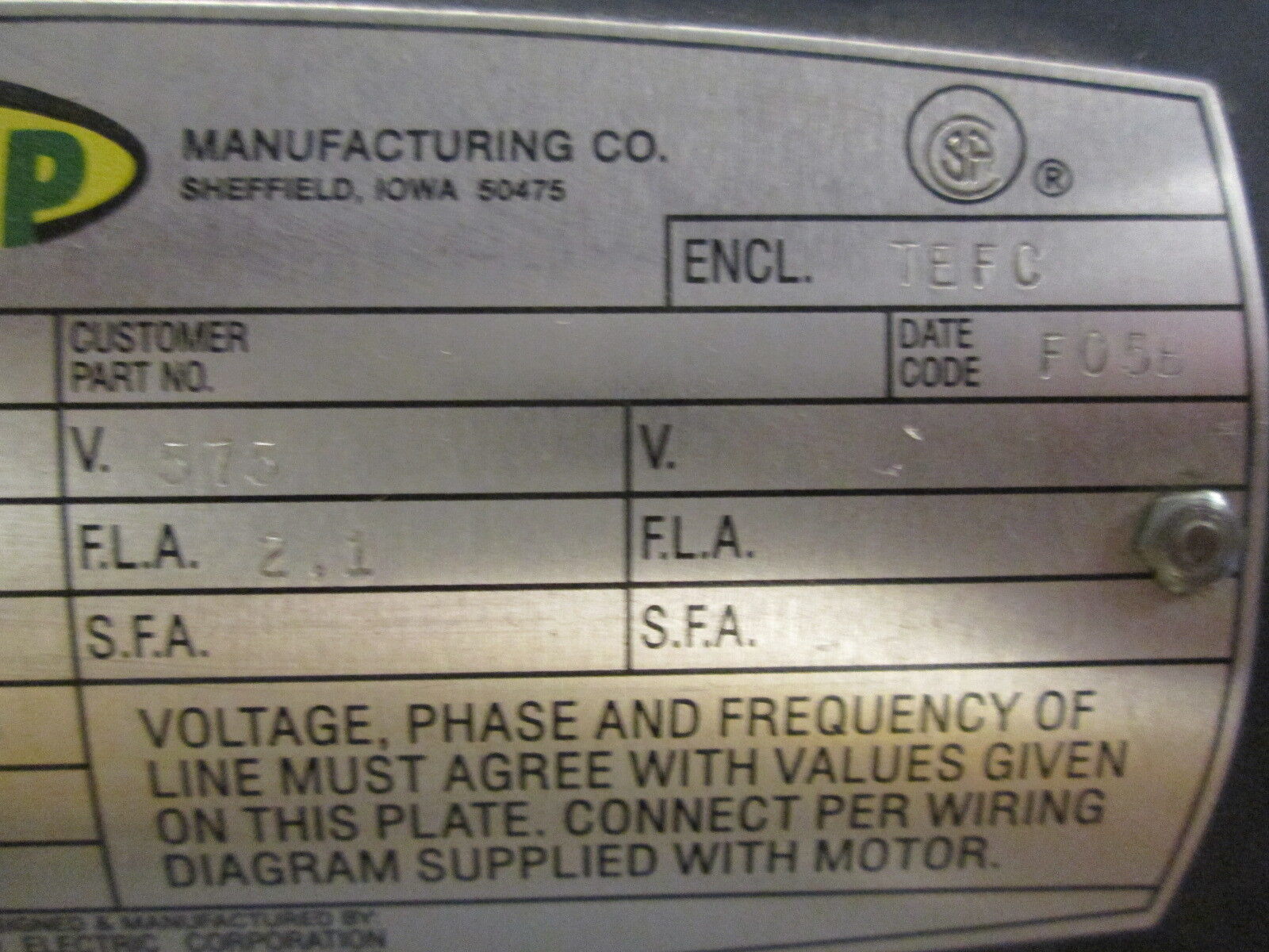 Sukup M6T17FB148A AC Motor 116721.00 1½HP 1725RPM FR:56Z ENCL:TEFC 575V 2.1FLA