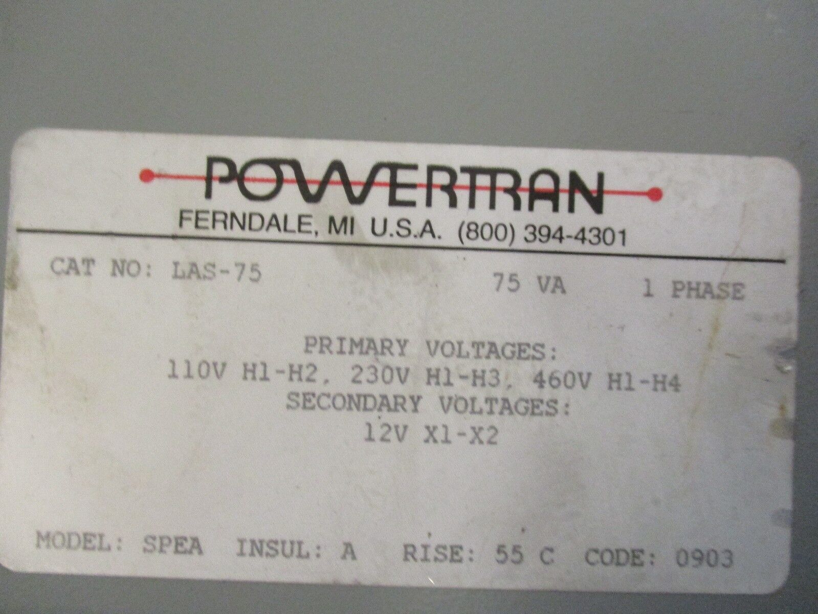 Powertran Transformer LAS-75 75VA Pri: 110/230/460V Sec: 12V 1PH Used