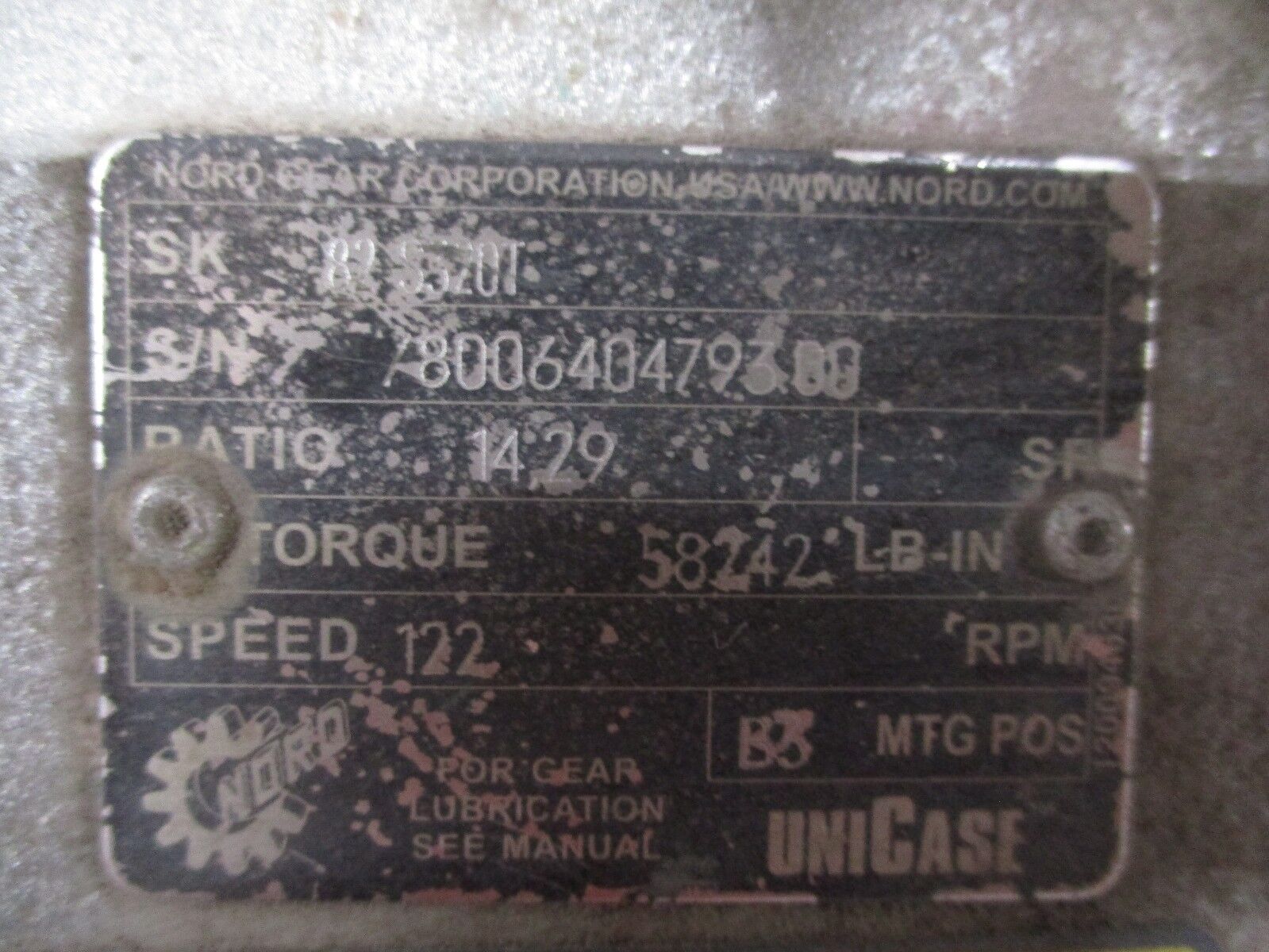 Baldor / Nord Gear Motor CP411ST / SK 82 S320T 50HP Ratio: 14.29 Used