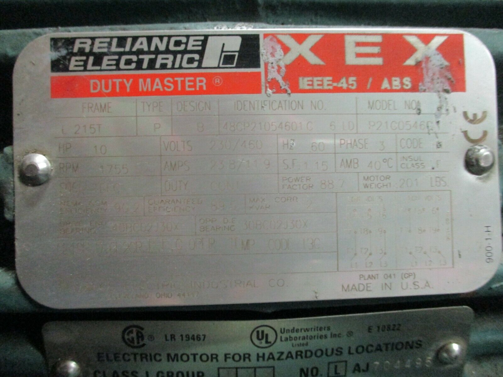 Reliance XEX Duty Master Hazardous Location AC Motor P21G0546G 10HP 1800RPM Used