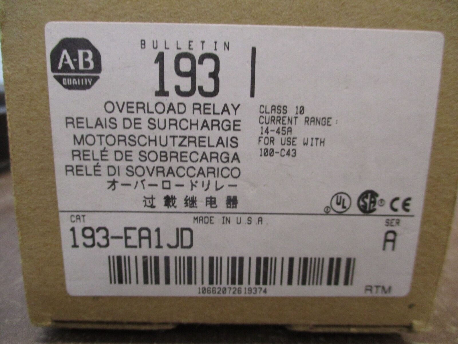 Allen-Bradley Solid State Overload 193-EA1JD Ser. A Trip: 14-45A New Surplus