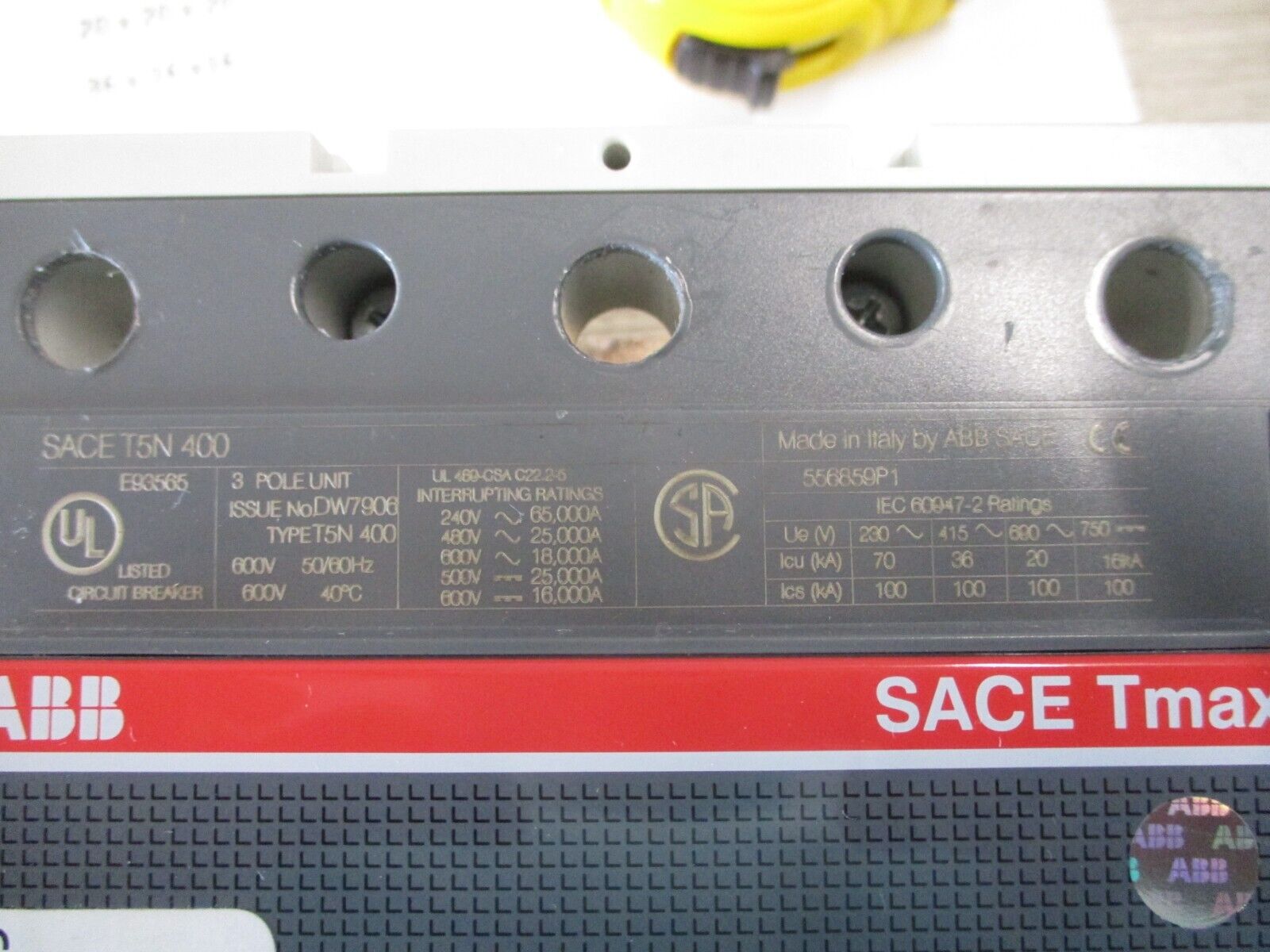 ABB SACE Tmax Circuit Breaker T5N 400 400A 600V 3P w/ PR221DS Trip Used