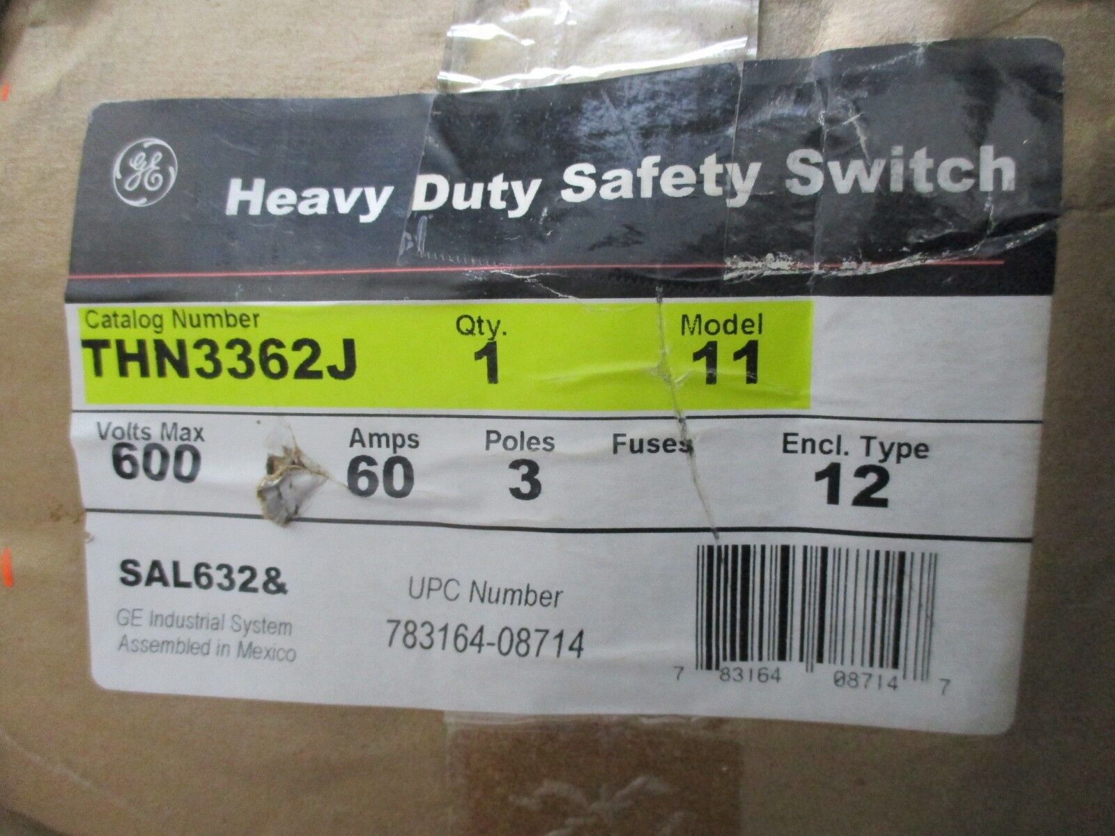 GE Non-Fusible Safety Switch / Disconnect THN3362J 60A 600V 3P New Surplus