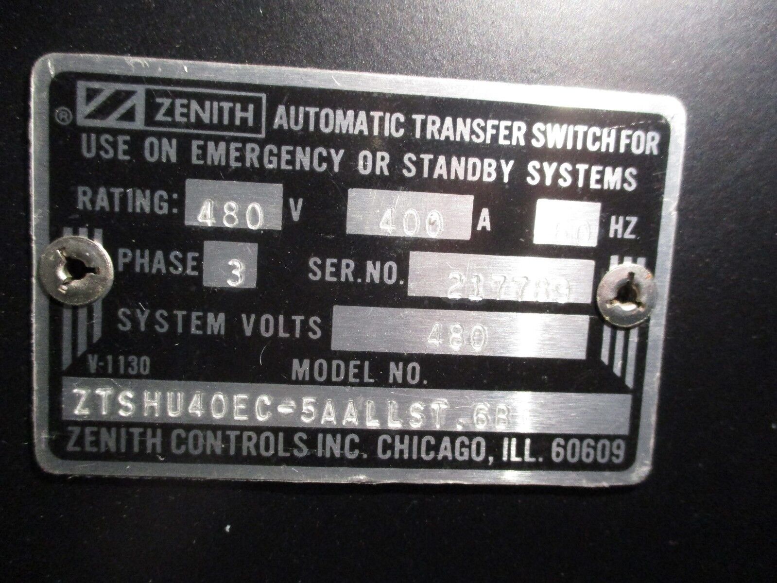 Zenith Automatic Transfer Switch ZTSHU40EC-5AALLST.6B *Missing Door Arc Shield*