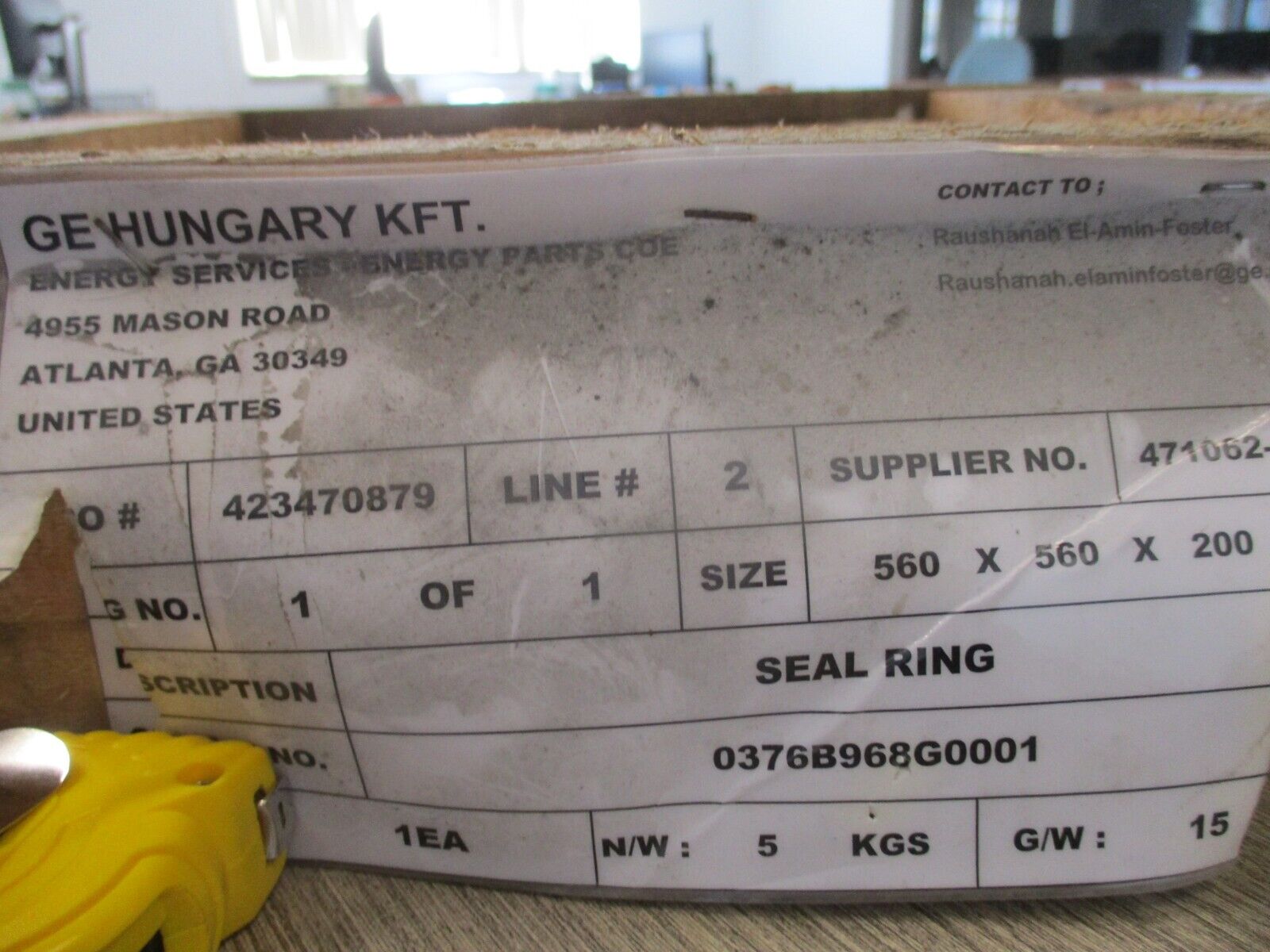 GE Seal Ring 0376B968G0001 Size : 560mm X 560mm X 200MM *New Surplus*