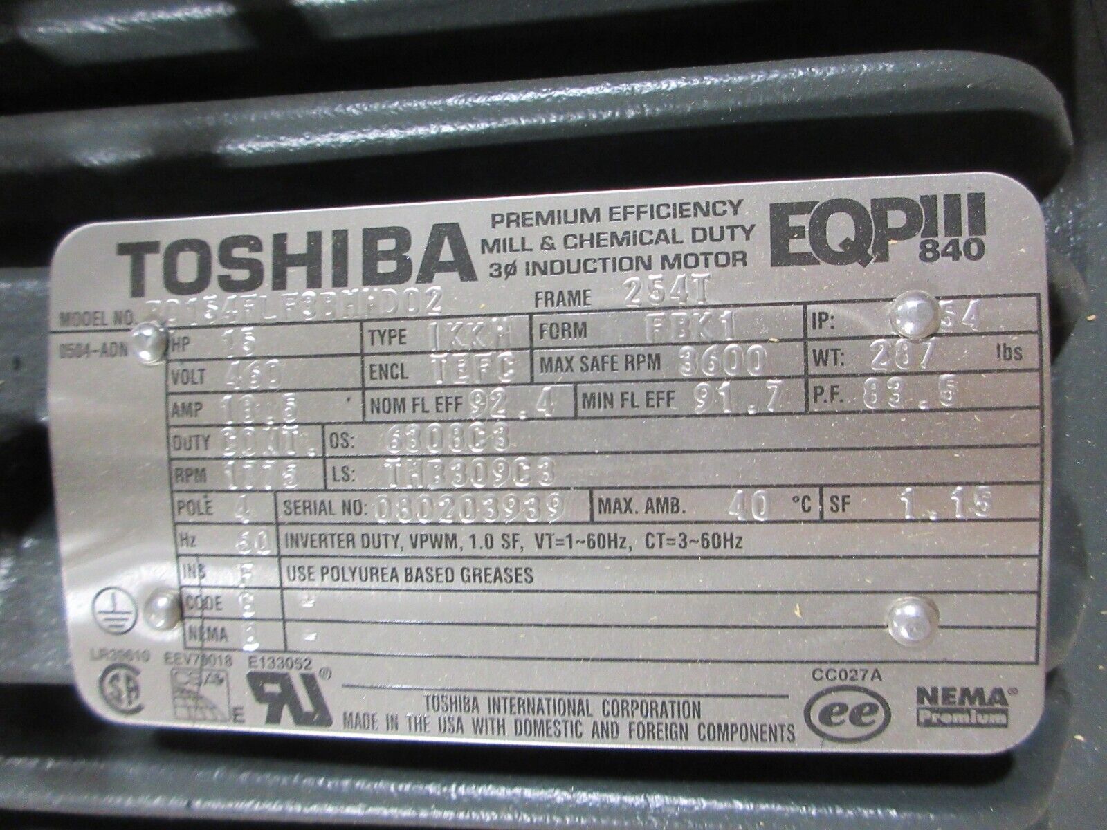 Toshiba EQP III XS AC Motor B0154FLF3BMHD02 15HP 1800RPM 460V 3Ph New Surplus