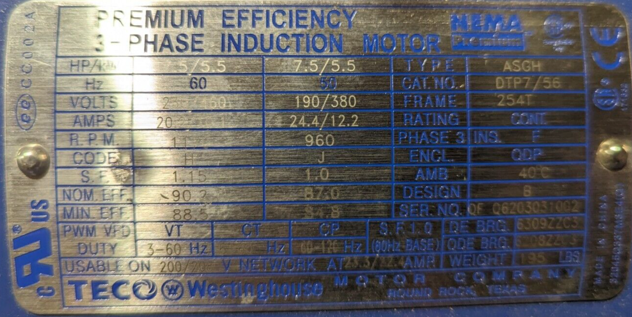 Westinghouse Induction Motor DTP7/56 7.5HP 1200RPM 203/460V 20.2/10.1A 3Ph 60Hz