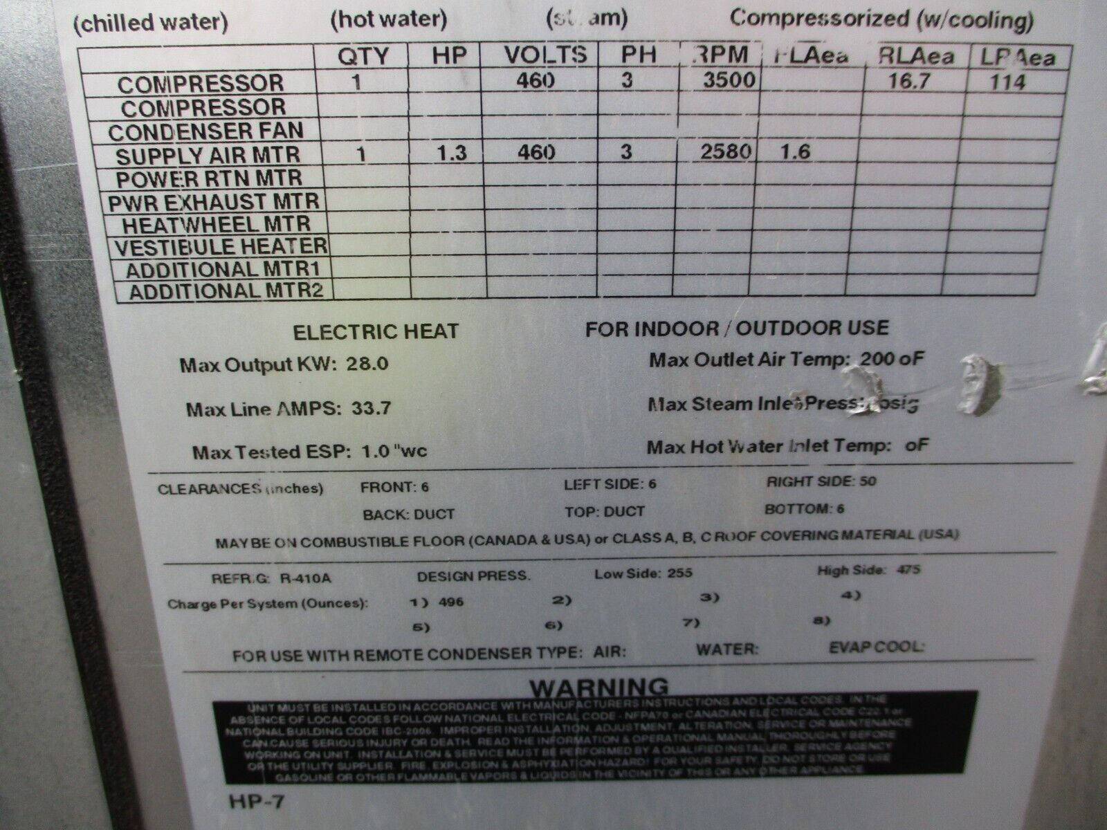 AAON Water-Source Heat Pump M116187 Model #: M2H008R3AB0CX 460V 60Hz 3Ph 64.6A