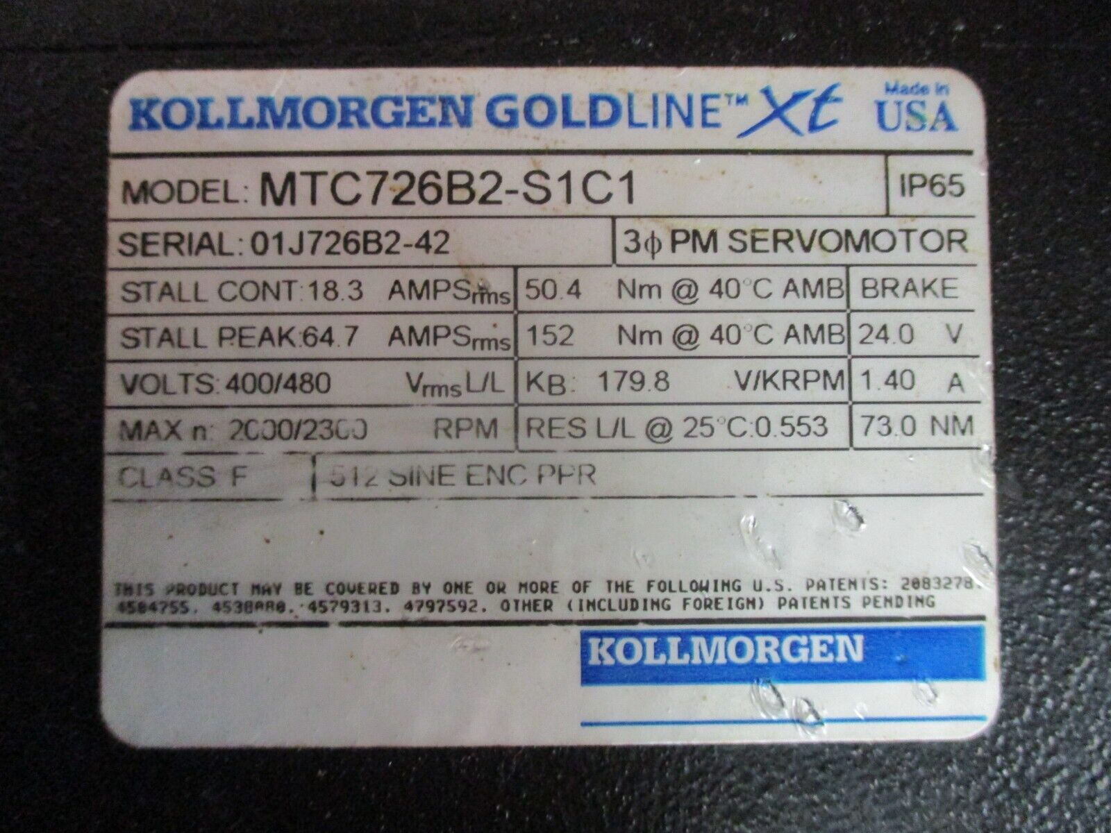 Kollmorgen Goldline XT AC Servo Motor MTC726B2-S1C1 480V 3Ph 2300RPM 18.3A Used