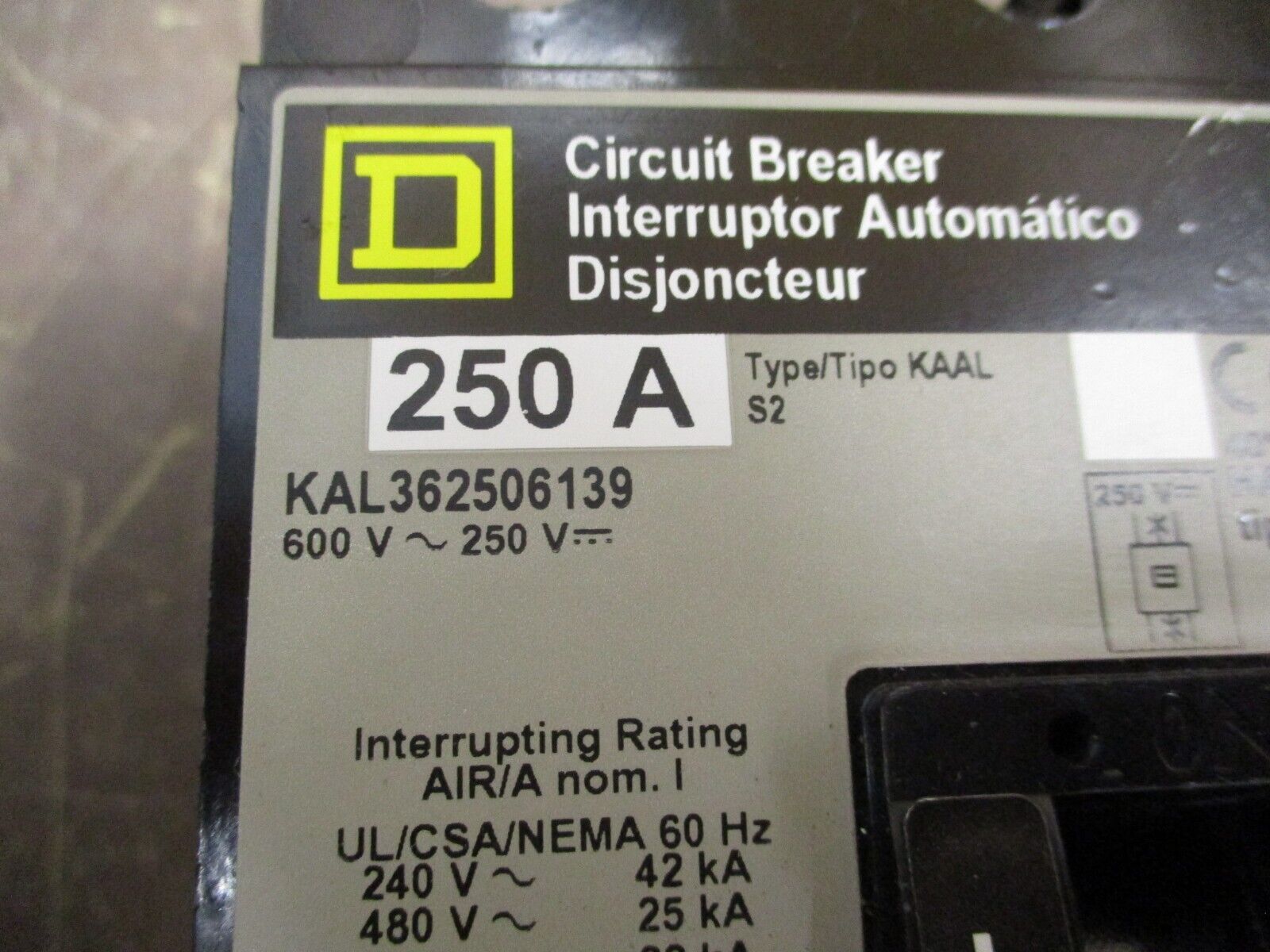 Square D Circuit Breaker KAL362506139 250A 600V 3P Used