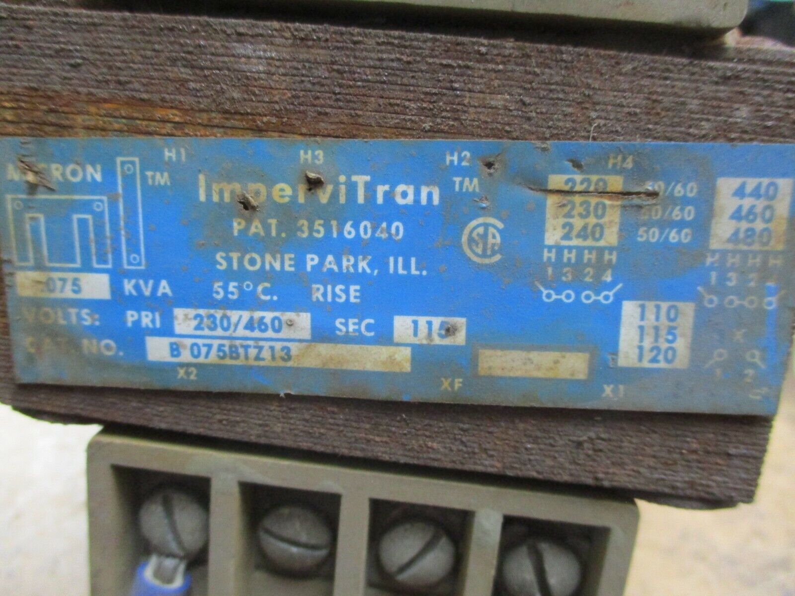 Micron ImperviTran Transformer B075BTZ13 0.075KVA Pri: 230/460V Sec: 115V Used