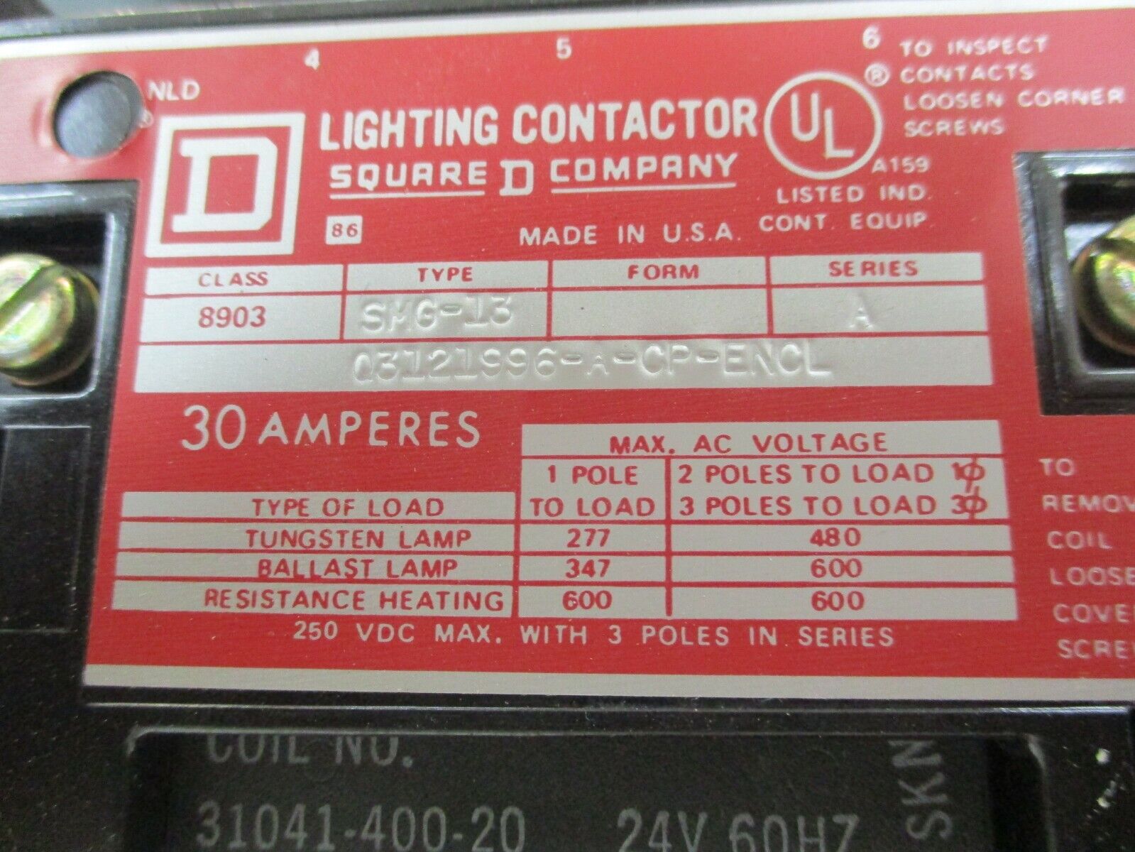 Square D Enclosed Lighting Contactor 8903 SMG-13 24V Coil 30A 600V Used