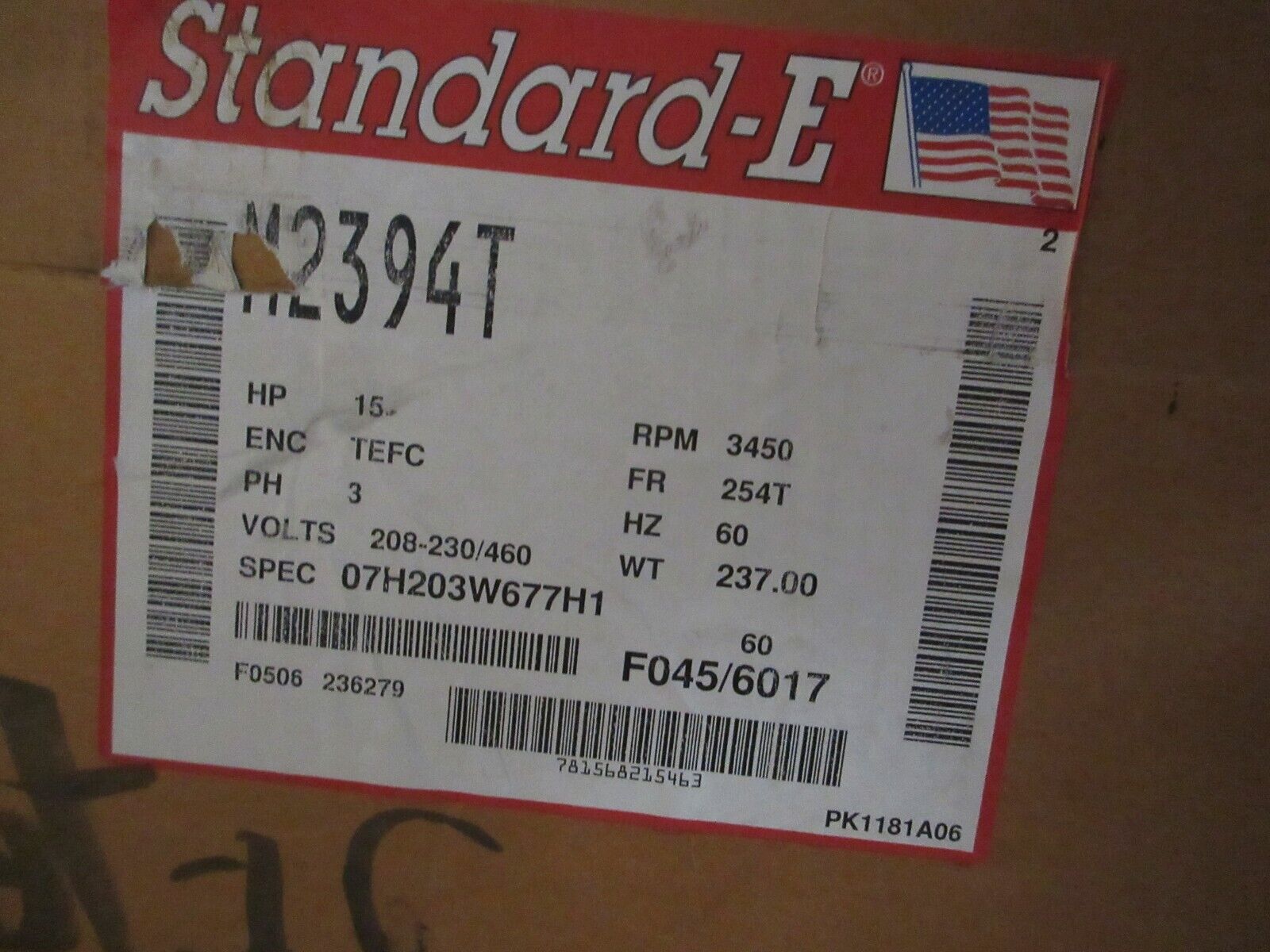 Baldor Standard-E AC Motor M2394T 15HP 3600RPM 208-230/460V 3Ph New Surplus