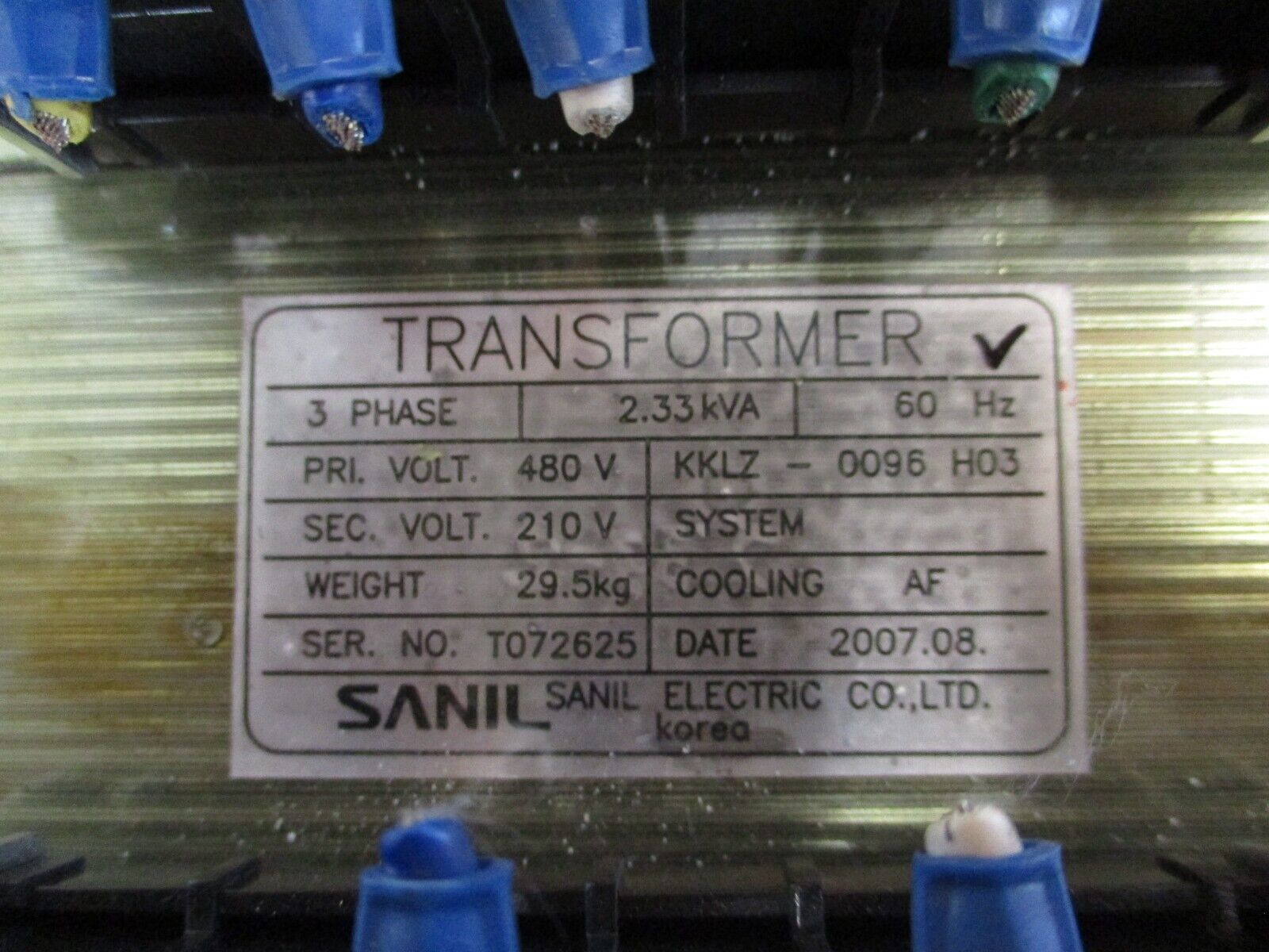 Sanil Transformer KKLZ-0096 H03 2.33kVA Pri: 480V Sec: 210V 3Ph 60Hz Used