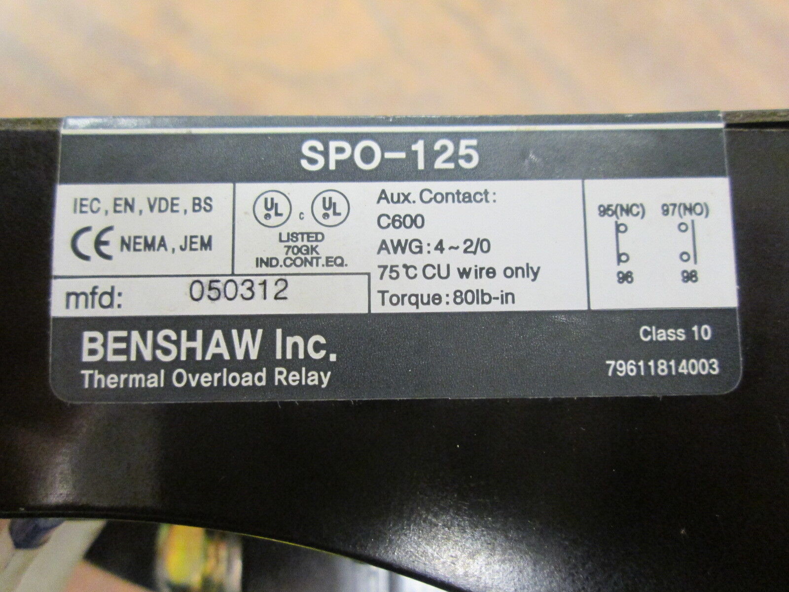 Benshaw Thermal Overload Relay SPO-125 Range: 85-125A Used