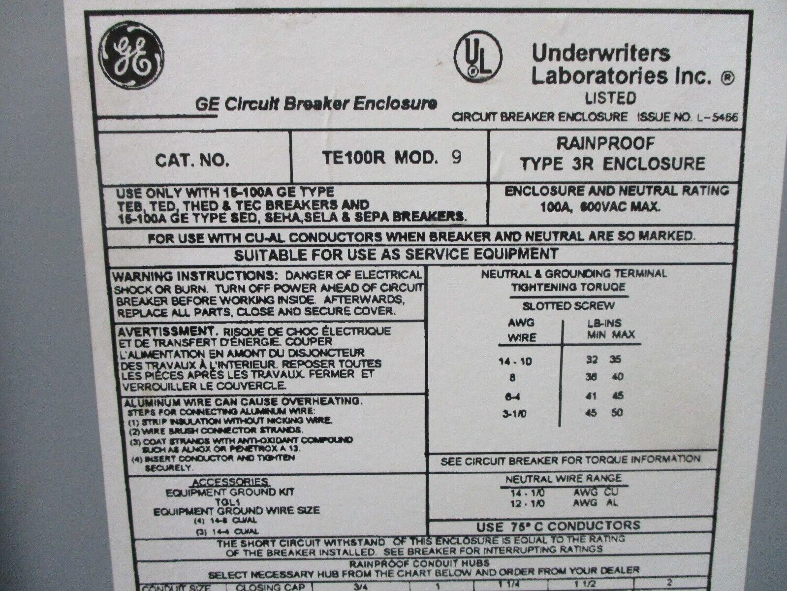 GE Enclosed Circuit Breaker TED134040 40A 480V 3P 3R Enclosure Used